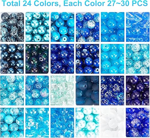 Miniatura 4 de PH PandaHall - 648 cuentas de vidrio azul de 24 colores de 8 mm., cuentas redondas de cristal azul para verano, Hawaii, bohemio, Heshi, collares,