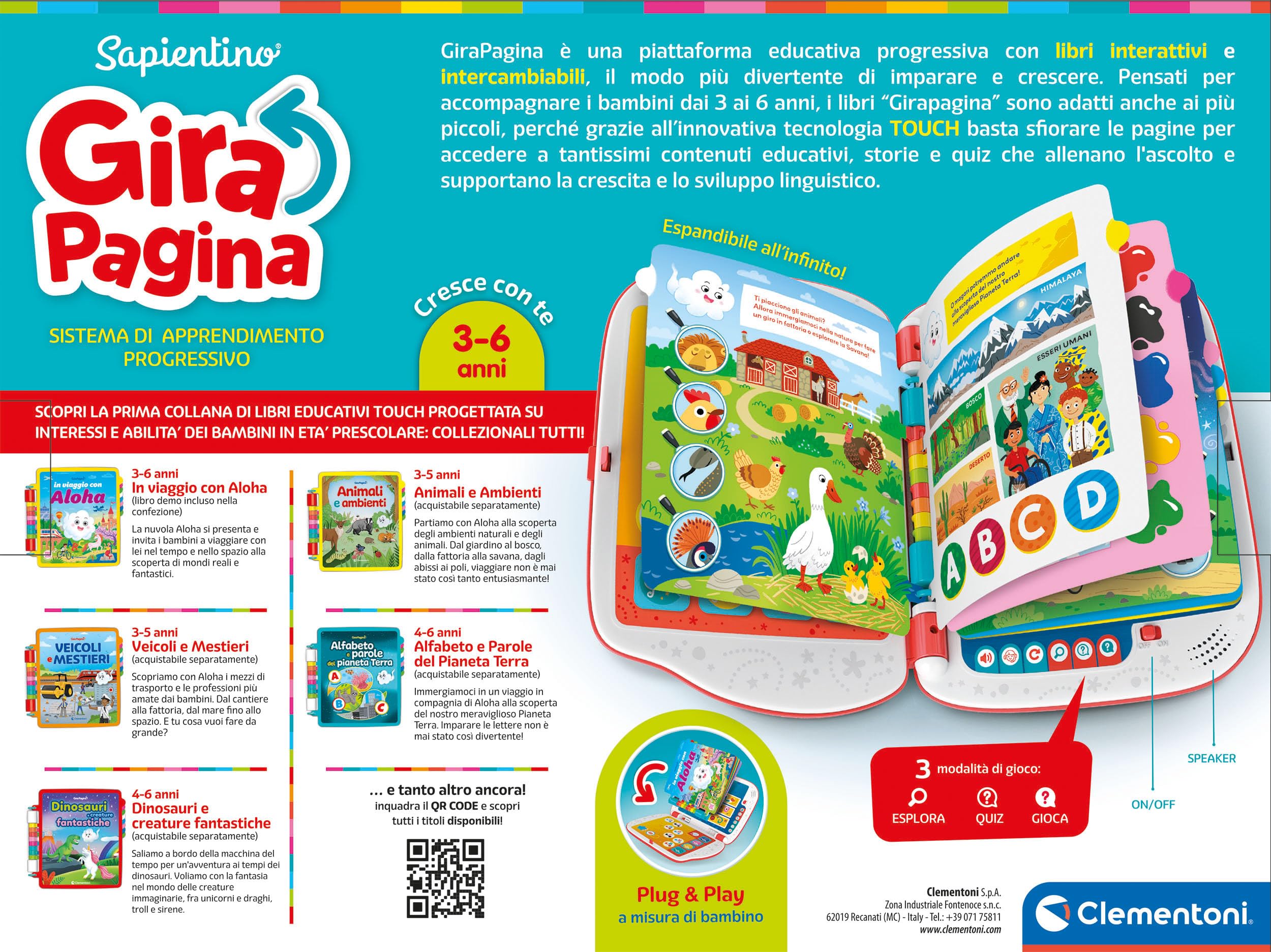 Clementoni - 16430 - Sapientino - Girapagina - Libro Elettronico Bambini, Gioco Educativo 3-6 Anni, Libro Interattivo, Elettronico Parlante, Apprendimento Acustico, Con Batterie