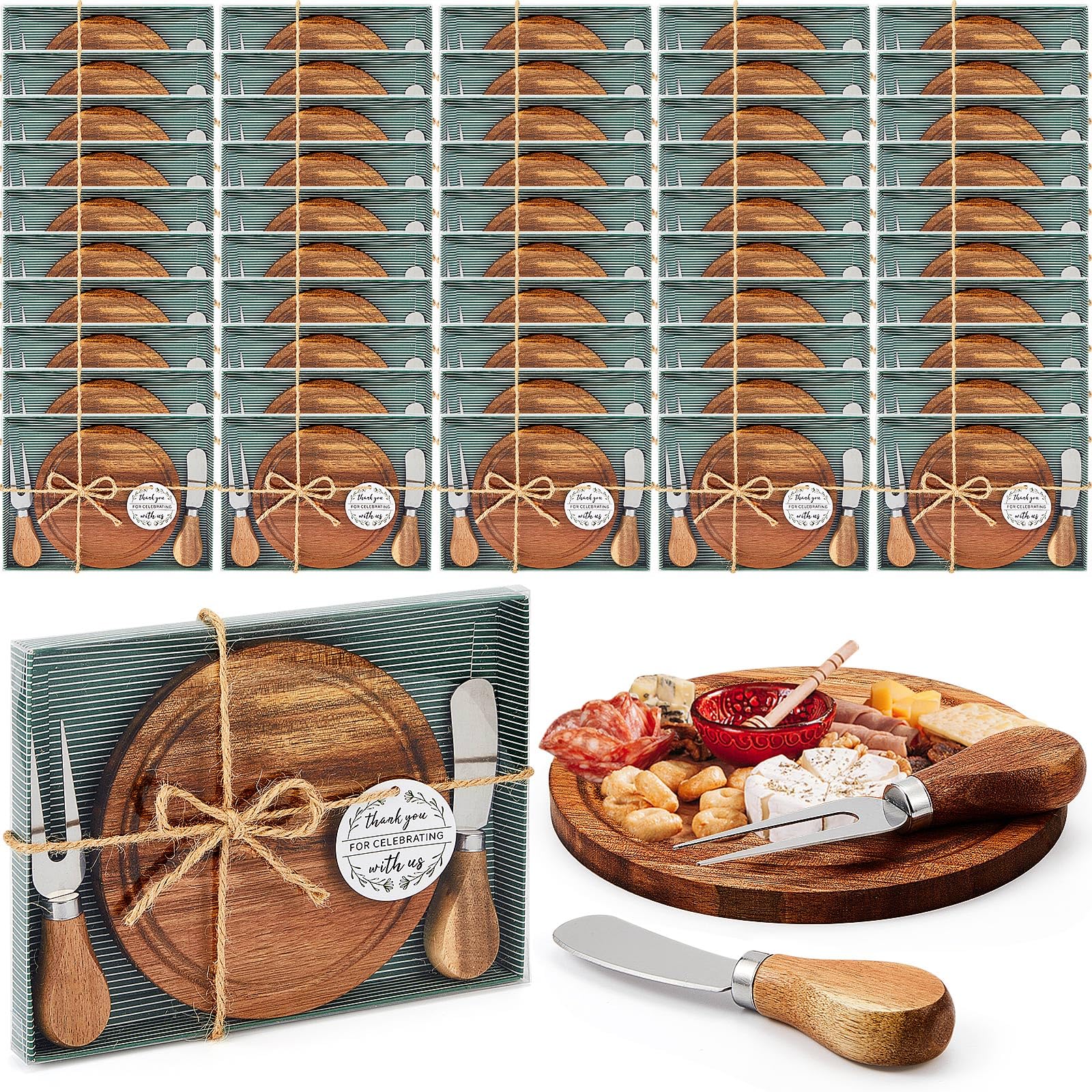 50 Sets Bridal Shower Baby Prizes Cheese Board Set Wood Round Mini Charcuterie Board with Knives and Forks Bulk Thank You Tags with Bridal Shower Gift Box for Guests Wedding Party (Acacia)