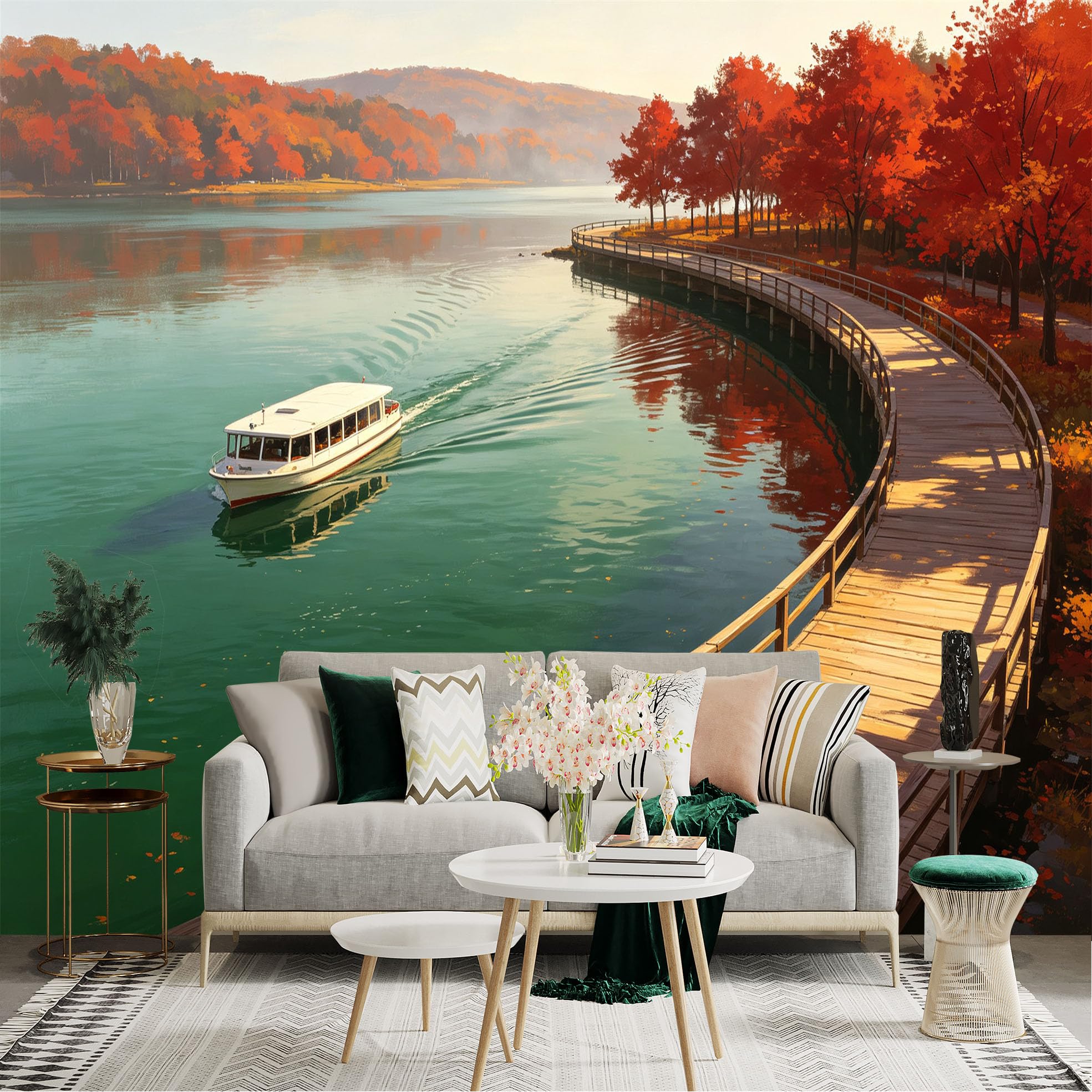 Custom Size Wall Sticker Mural， Scenic Lake with Excursion Boat， Autumn Foliage and Wooden Boardwalk， for wall Decoration， peelandstick wall Decals.