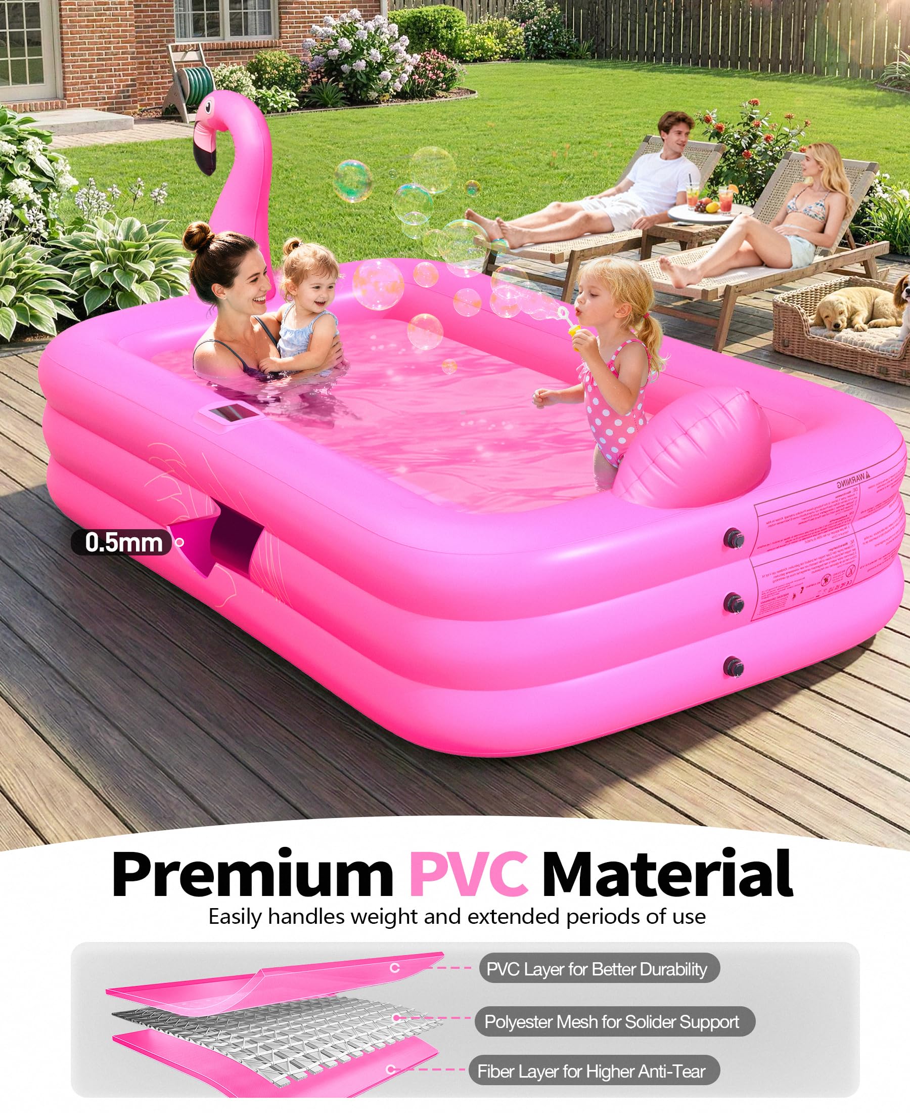 PoolLeader Piscina Hinchable Adultos, Flamenco Piscina Hinchable Rectangular con Luces Solar, Adopta un Material de PVC Grueso & Duradero, 254x160x50cm Piscinas Inflable Familiar Grande para Jardin