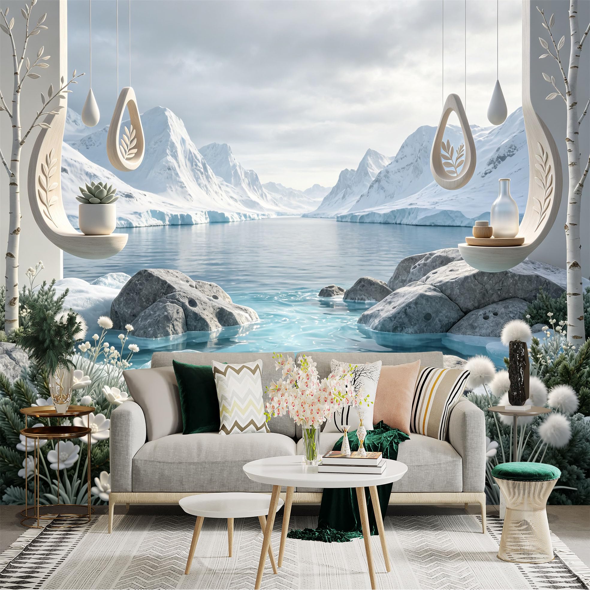 Lnzczhyre Bh260719449 Custom Size Wall Sticker Mural， Snowy Mountain Landscape With Frozen Lake， Minimalist Hanging Decor， Serene Winter Scenery， For Wall Decoration， Peelandstick Wall Decals.