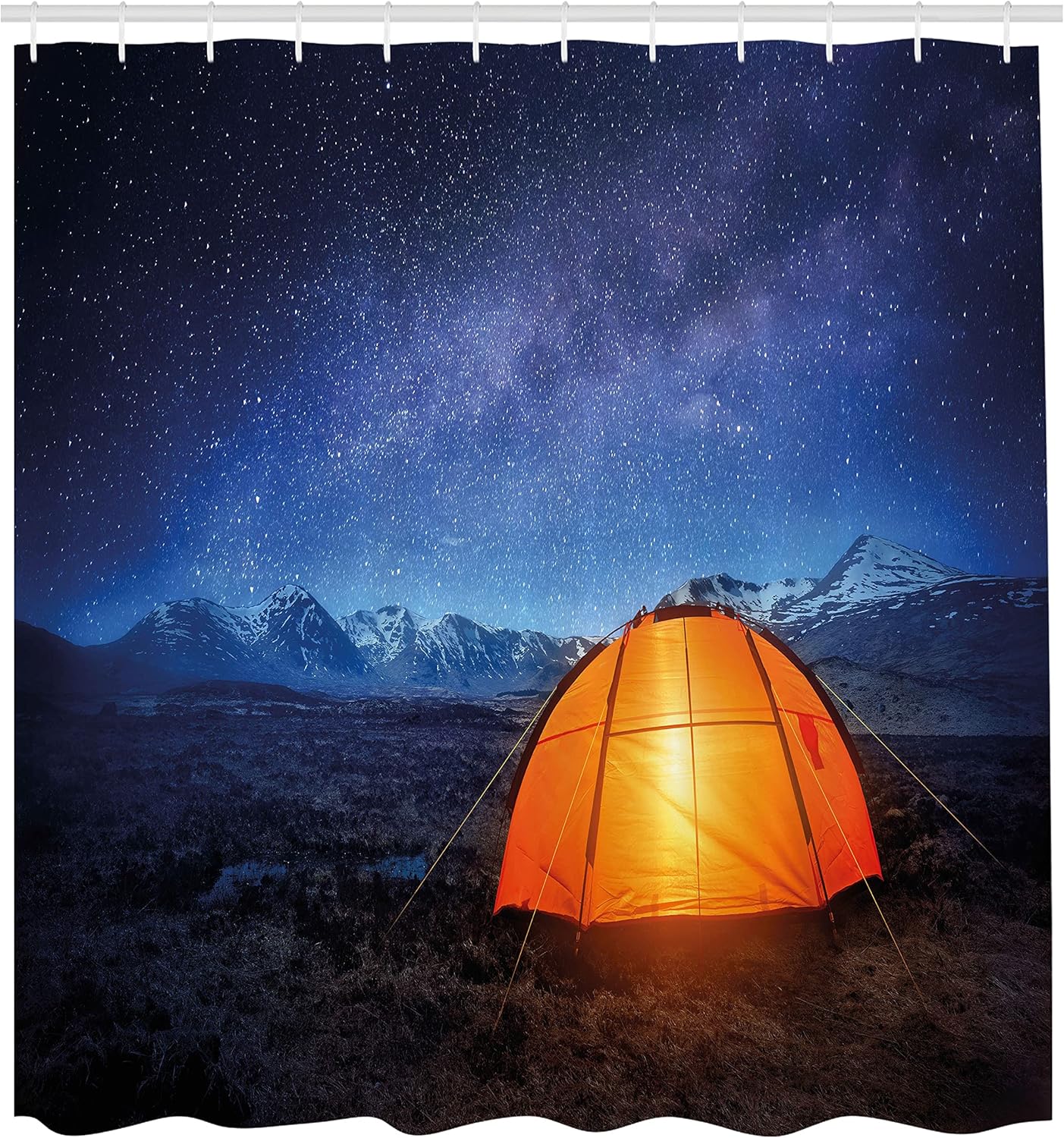Ambesonne Camper Shower Curtain, Tent Under Night Sky Full of Stars Exploring Universe Life Picture Print, Cloth Fabric Bathroom Decor Set with Hooks, 69" W x 70" L, Blue Orange