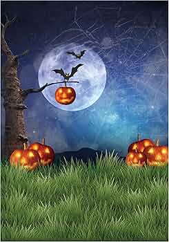 Allenjoy 5x7ft Night Halloween Themed Backdrop for Photography Fall Pumpkin Green Grass Children Newborn Portrait Background Party Birthday Banner Baby Shower Decorations Decor Photo Booth Shoot Props