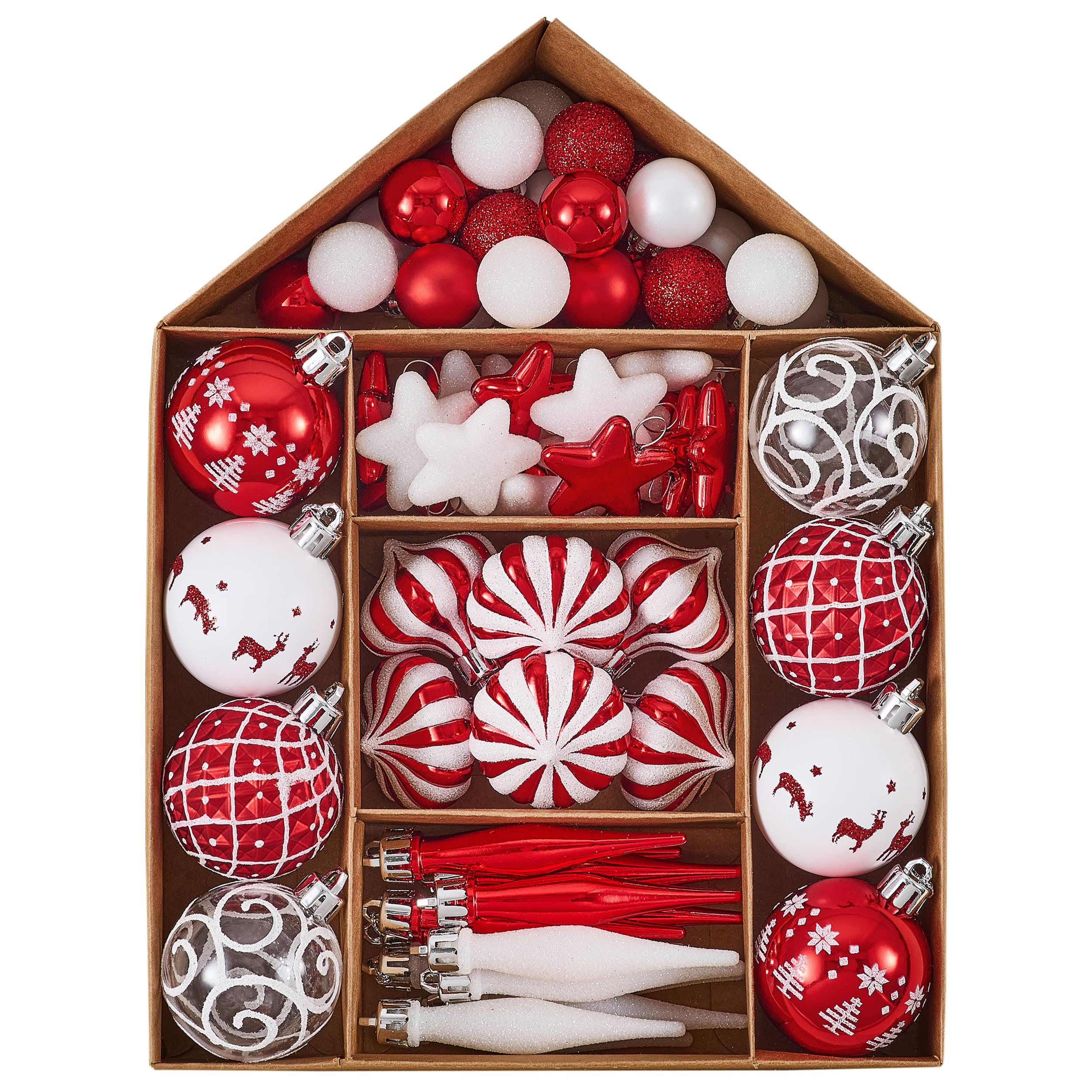 Victor's Workshop Weihnachtskugeln 70tlg. Kunststoff Christbaumkugeln Weihnachtsdeko Weihnachtsbaum Dekoration Set Plastik Ornament Weihnachten Deko mit Anhänger Thema Rot Weiß(M)