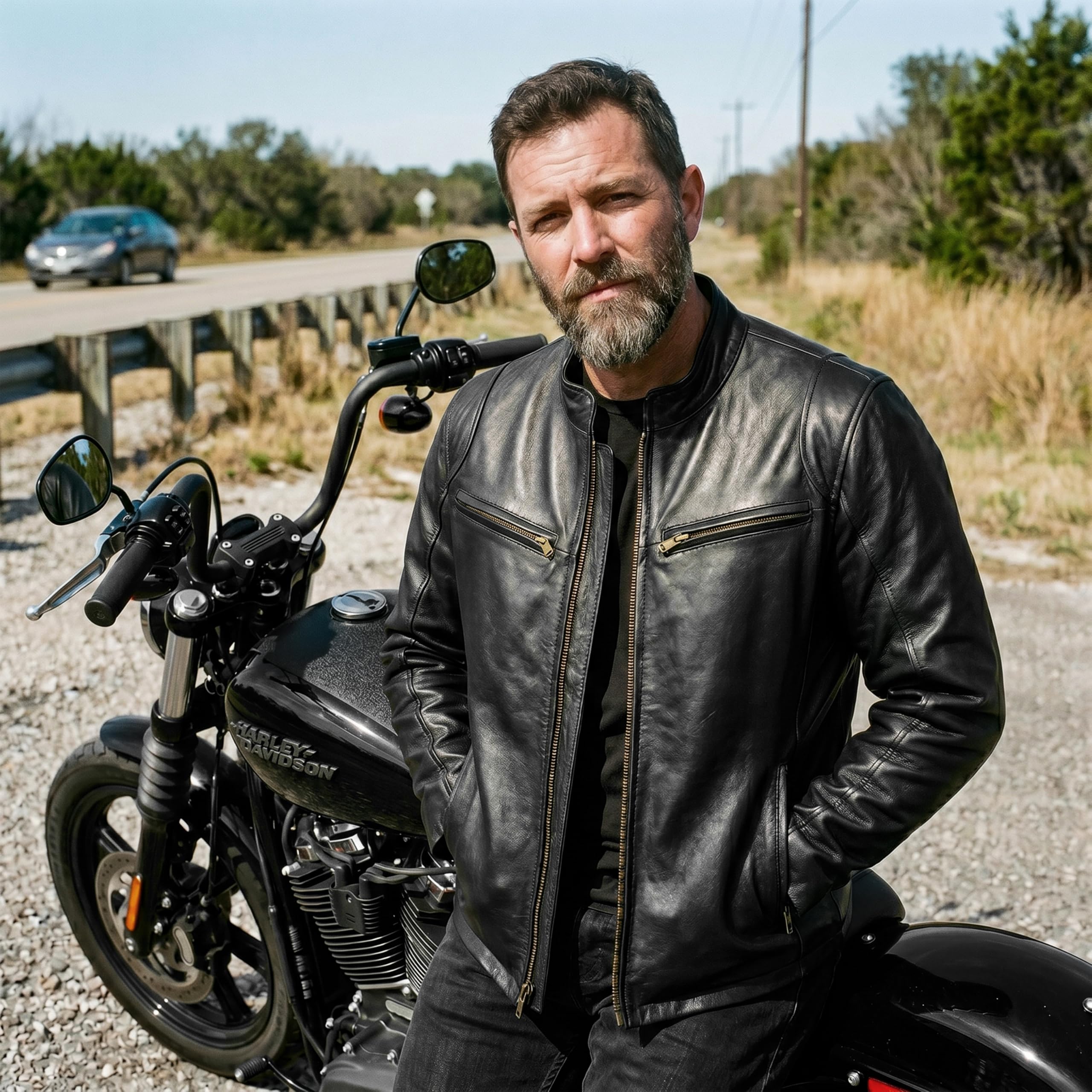 Leatherick Męska skórzana kurtka motocyklowa - Czarna kurtka motocyklowa w stylu Hooper z owczą skórą z wieloma kieszeniami