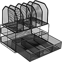 Amazon Basics Mesh Desk Organizer: Sliding Drawer, Double Tray, 5 Upright Sections - Black Office File Holder