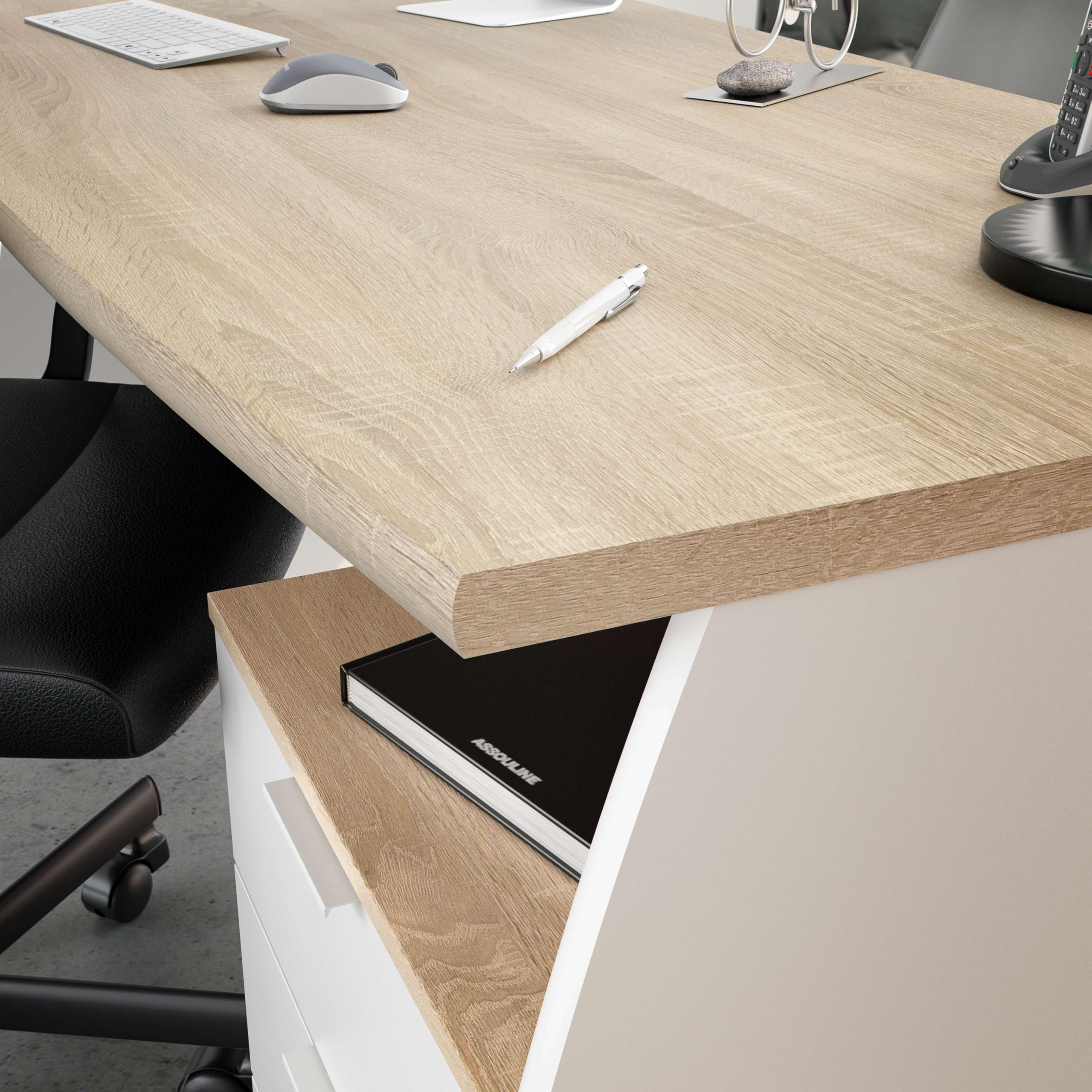 Habitdesign Tavolo da ufficio con 3 cassetti, tavolo da ufficio o studio, modello Stil, finitura in Balnco Artik e Rovere Canadian, dimensioni: 136 cm (larghezza) x 67 cm (fondo) x 74 cm (altezza)