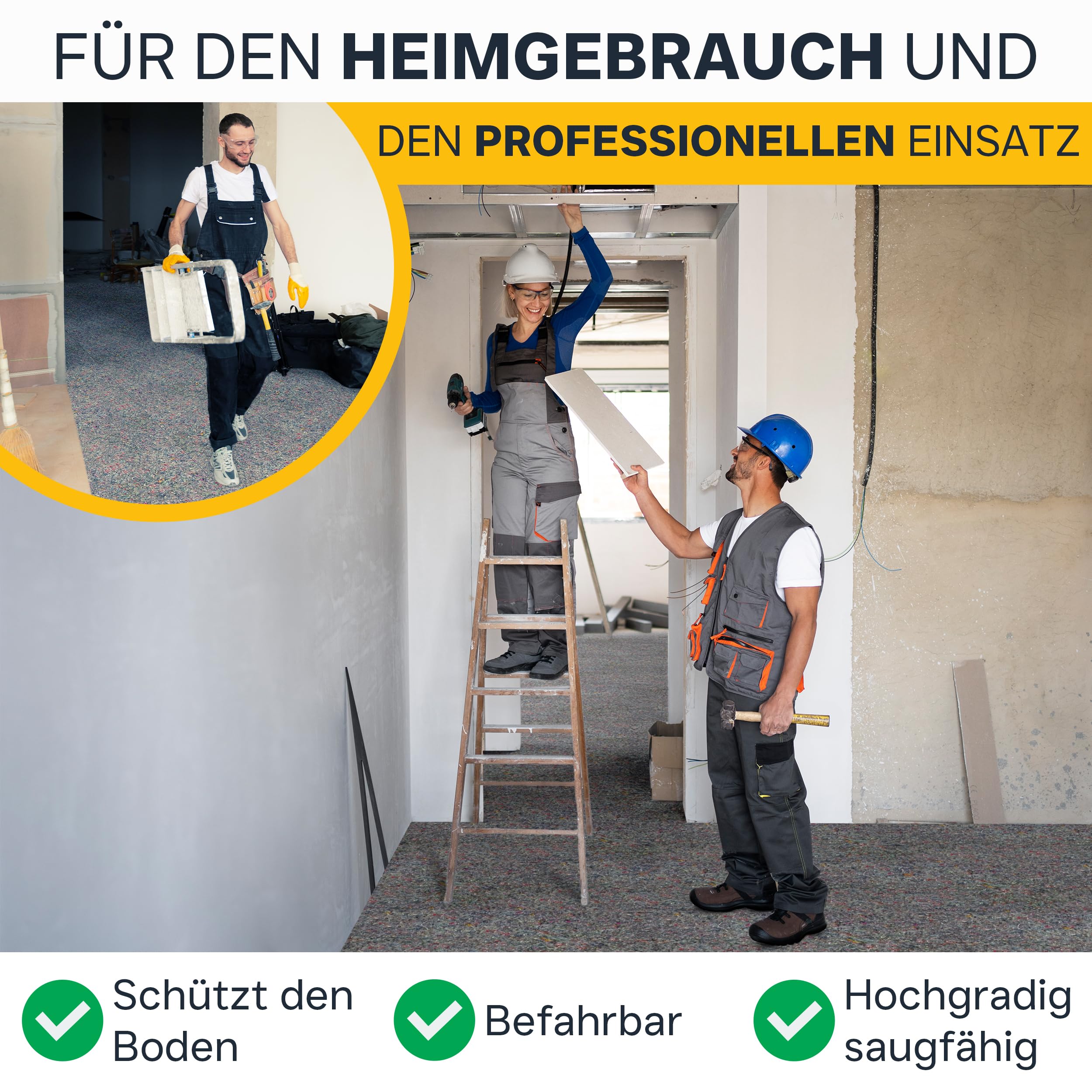 Hammerfest Abdeckvlies 1x25m – 850 g/m² Malervlies & Schutzvlies I Rutschfeste Abdeckplane für Parkett, Treppe, Fenster & empfindliche Böden I Befahrbar mit Gabelstapler & Hubwagen