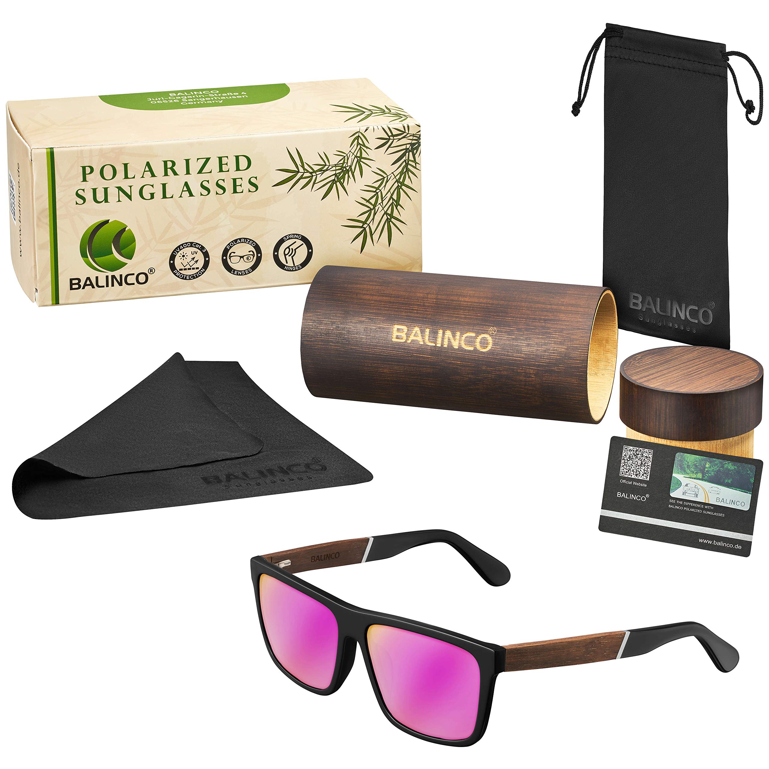 Balinco® Occhiali da sole polarizzati (fatti a mano) con lenti rettangolari e ganci in bambù – adatti per uomo e donna – proteggono dai raggi UV o dai riflessi – in pratico set