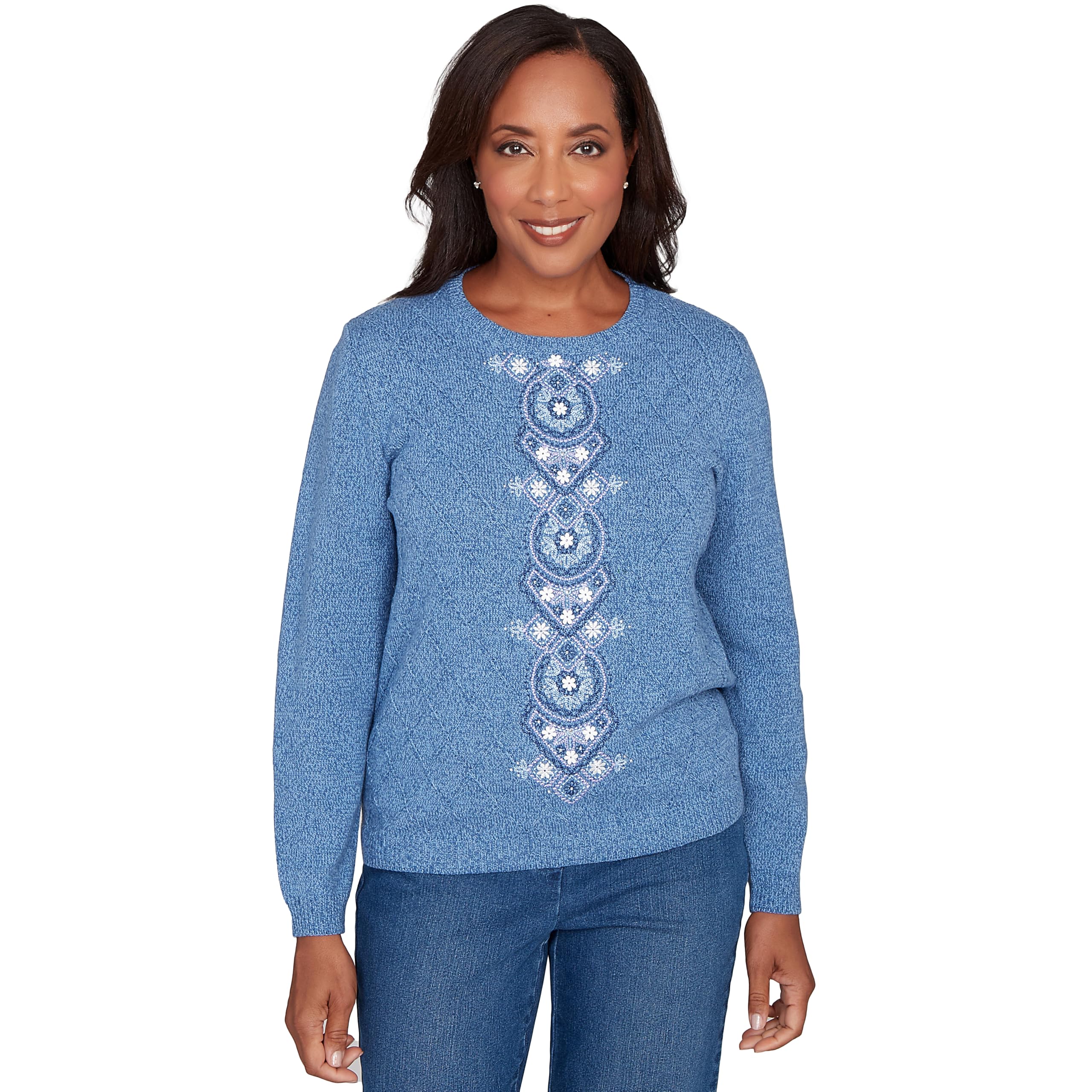 Alfred Dunner Womens Center Embroidery Accent Sweater