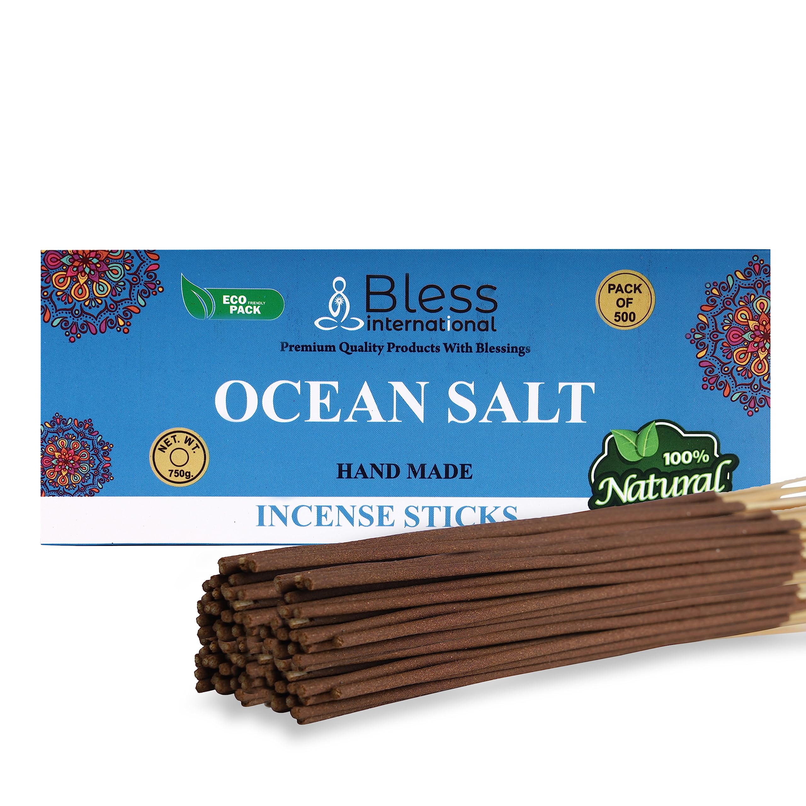 Bless-Ocean-Salt 100%-Natural-Handmade-Hand-Dipped-Incense-Sticks Organic-Chemicals-Charcoal-Free Purification-Relaxation-Positivity-Yoga-Meditation Best-Woods-Scent (500 Sticks(26 OZ))