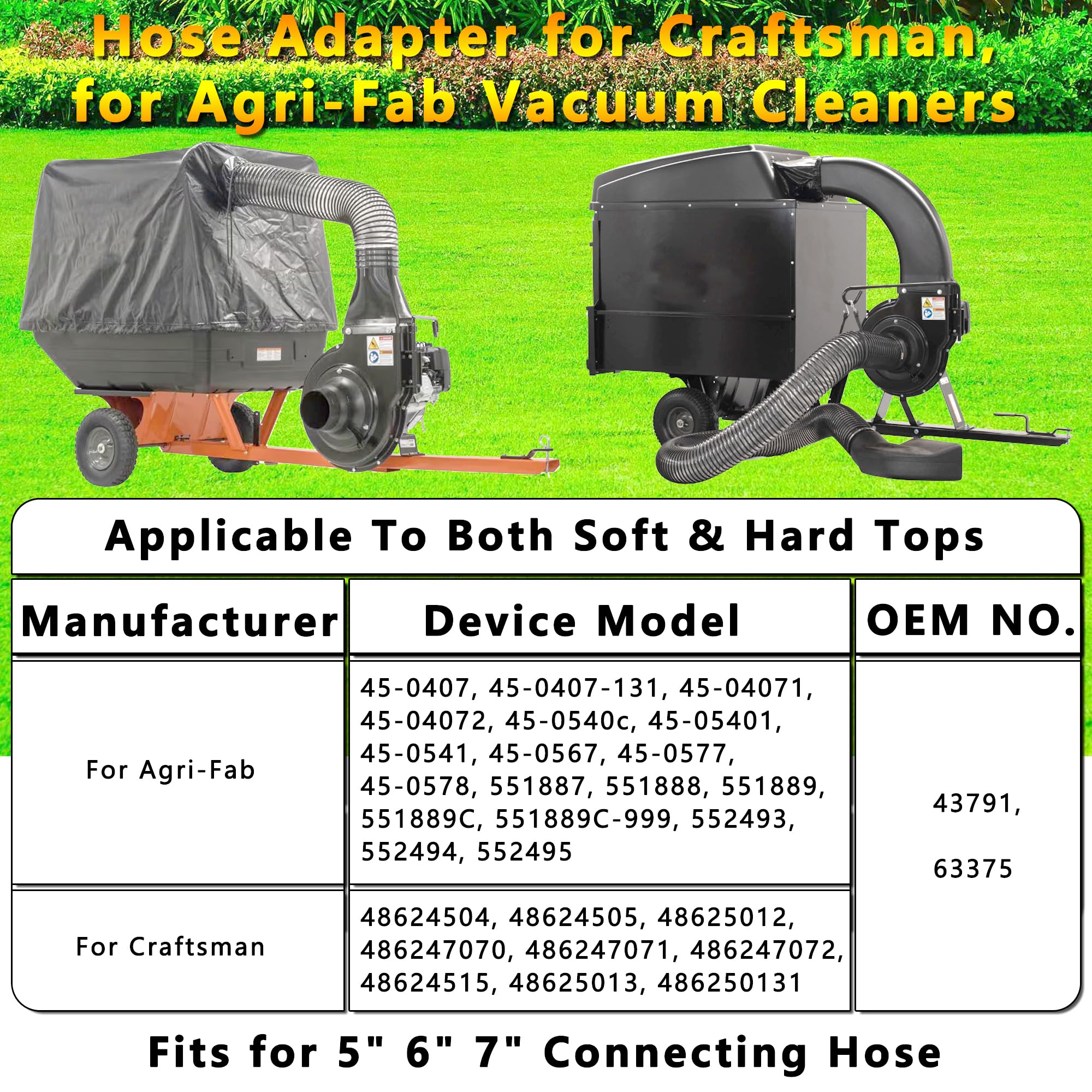 43791 - Adaptador de manguera para aspiradora de césped Agri-Fab Mow-N-Vac Chip-N-Vac Shred-N-Vac 5/6/7 pulgadas, adaptador de manguera para aspiradora Craftsman Leaf 63375, plástico, negro
