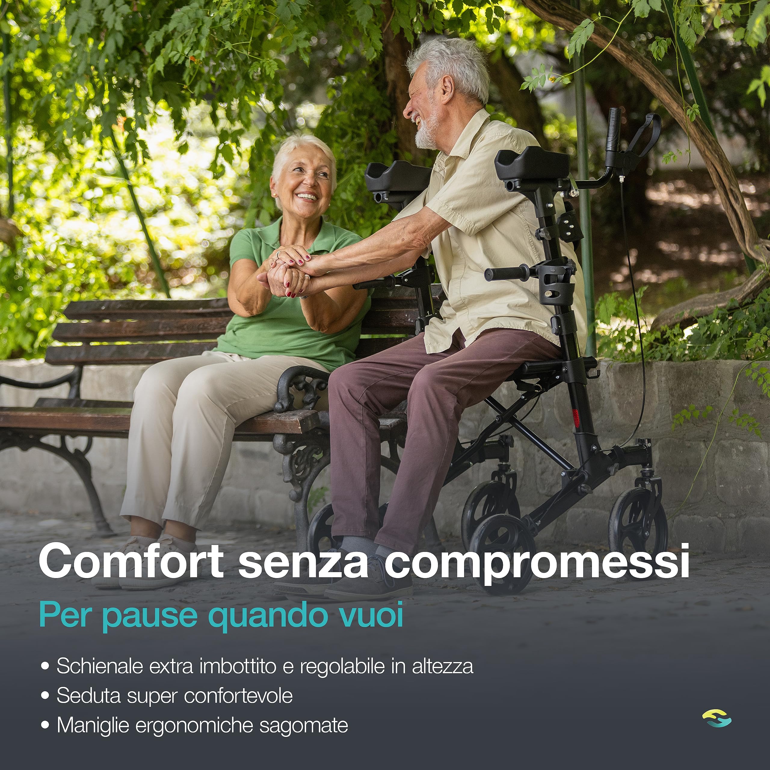 Helavo standing rollator con seduta – deambulatore per anziani pieghevole 4 ruote per interno ed esterno – girello con supporto ascellare, freni, sedile imbottito e schienale regolabile