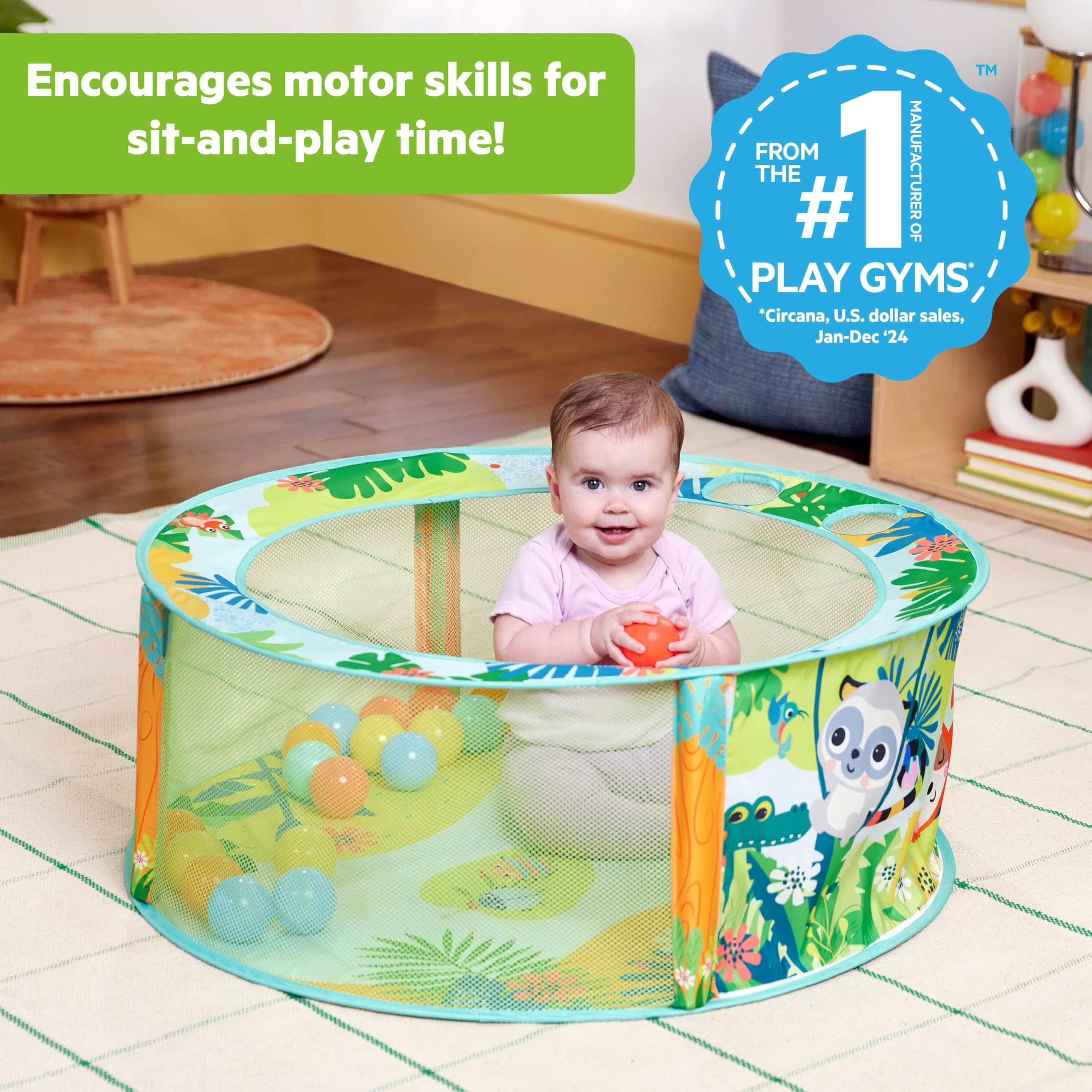 Bright Starts parc à balles pliable Rowdy Rainforest Stow & Go – 20 balles, montage facile et rangement compact, diamètre de jeu 80 cm, paroi en maille avec jeu coucou, sac de rangement inclus, 6M+