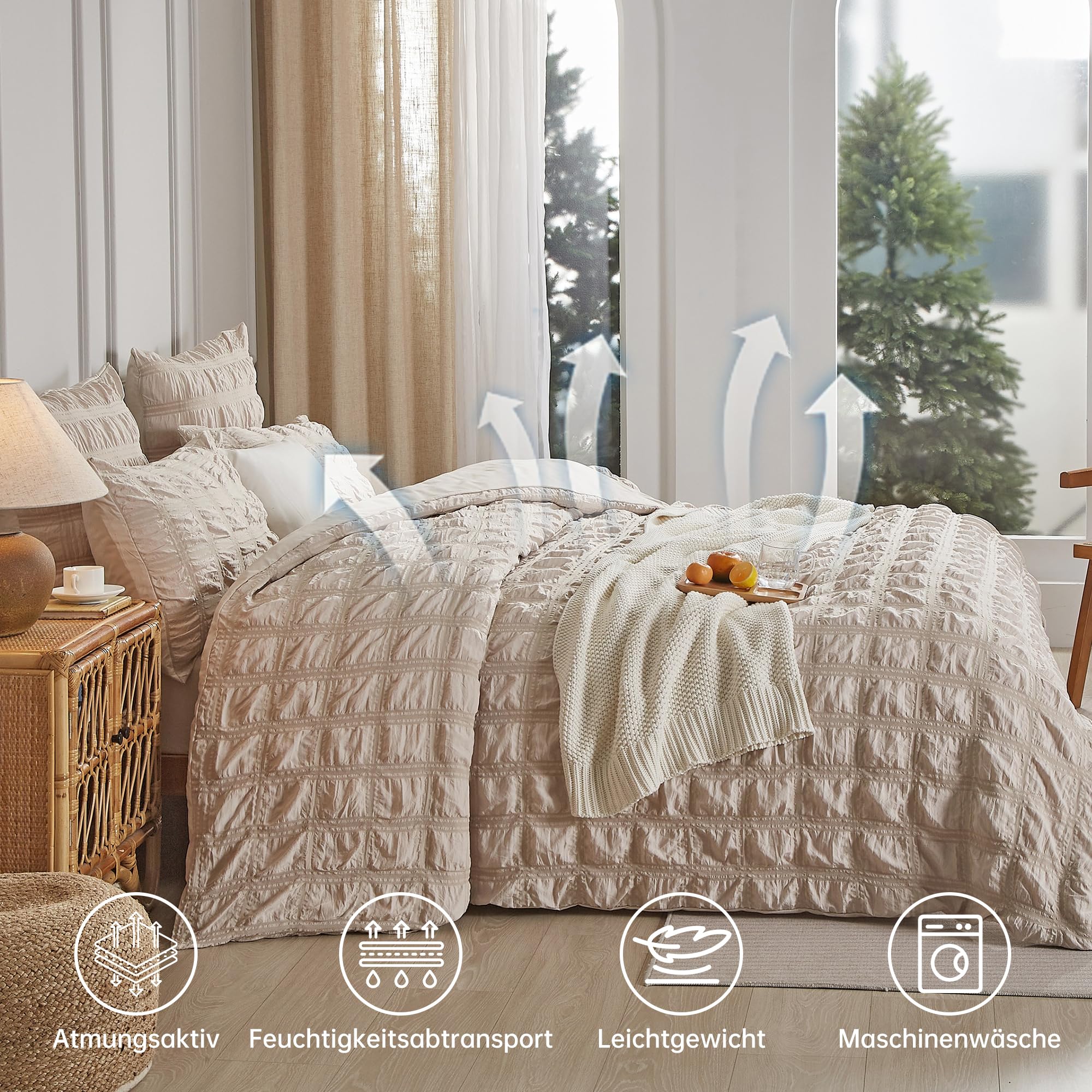 Luowei Seersucker Bettwäsche 220x240cm Kariert Beige Flauschig Bügelfreie Bettwäsche Aesthetic Set Sommer Kühlend Bettbezüge 220x240 mit Reißverschluss und 2 Kissenbezüge 80x80 cm