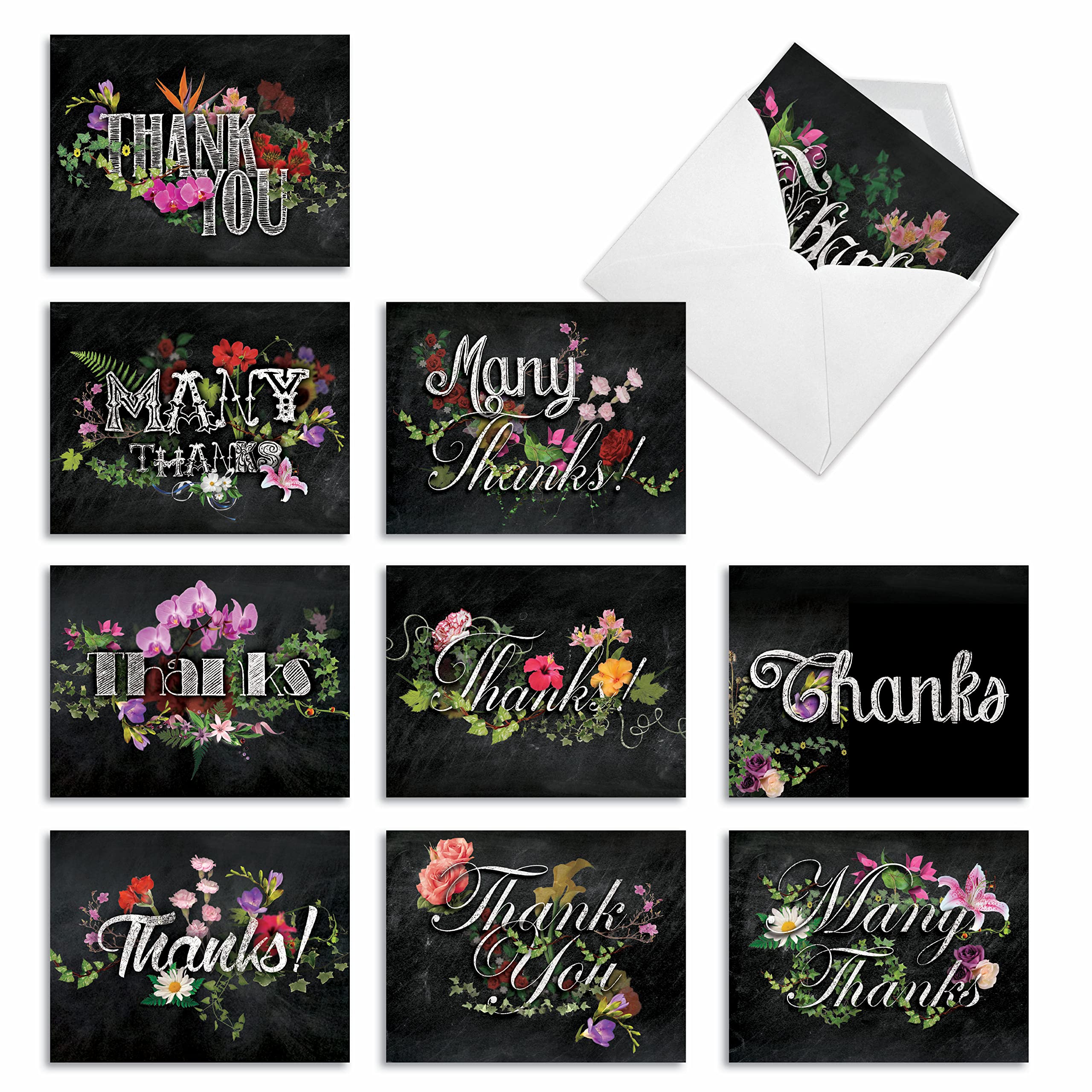 The Best Card CompanyAM2358FTG-B1x10 Chalk And Roses: 10 Assorted Thank You From Teacher Cards Featuring Chalkboard Styled Written Gratitudes Combined with Beautiful Colorful Floral Sprays, Envelopes