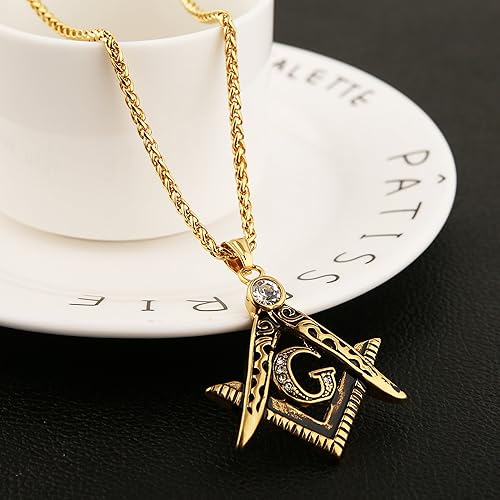 Miniatura 4 de HZMAN Collar con colgante de acero inoxidable masónico con circonita cúbica para hombre, 22+2 pulgadas