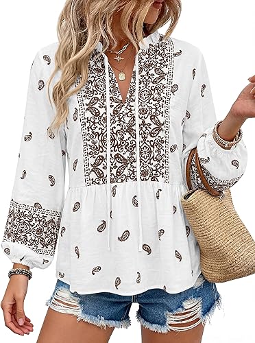MASCOMODA Women Boho Babydoll Tops Spring Summer Casual V Neck Peplum Long Sleeve Blouses Flowy Shirts Beach Vacation Clothes(White Brown Flower,Medium)
