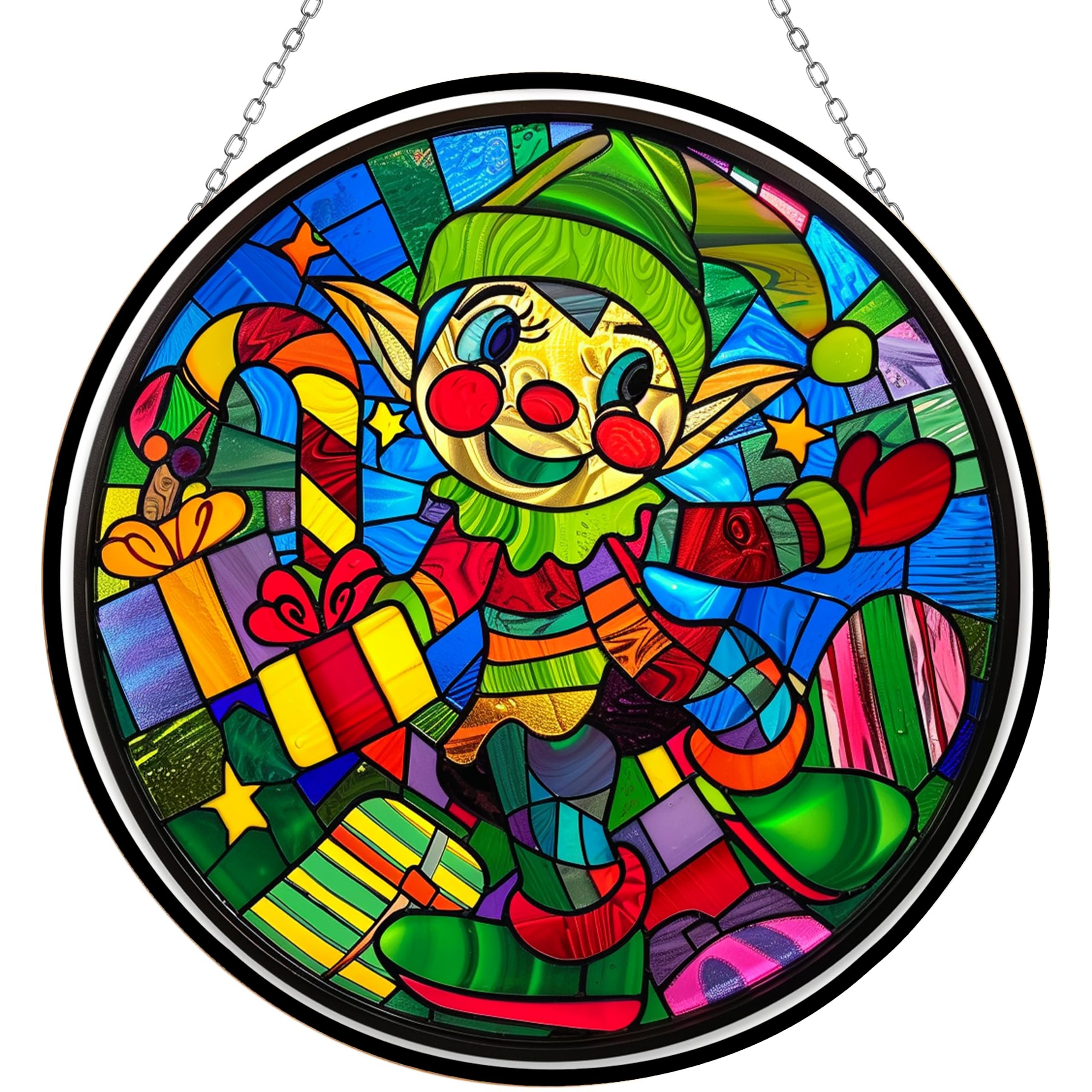 365CUSGIFTS Christmas Elf Stained Glass Window Hangings, Handcrafted Stained Glass Suncatchers, Gift for Cat Lovers Nature Lovers 12”x12” Mothers Day