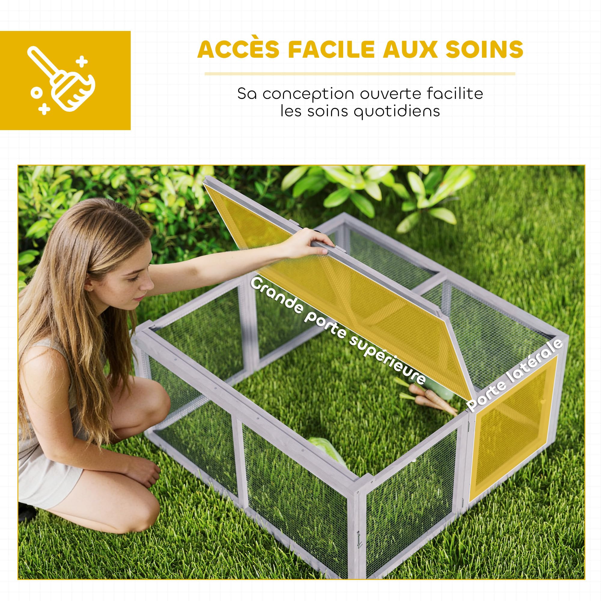 PawHut Clapier Lapin Extérieur Pliable en Bois - Enclos Lapin 1,2 ㎡ (110x105x50cm) avec Grand Espace d'Activité, Toit Ouvrant et Poignée, sans Fond - Cage pour Poule et Cochons d'Inde de Jardin, Gris