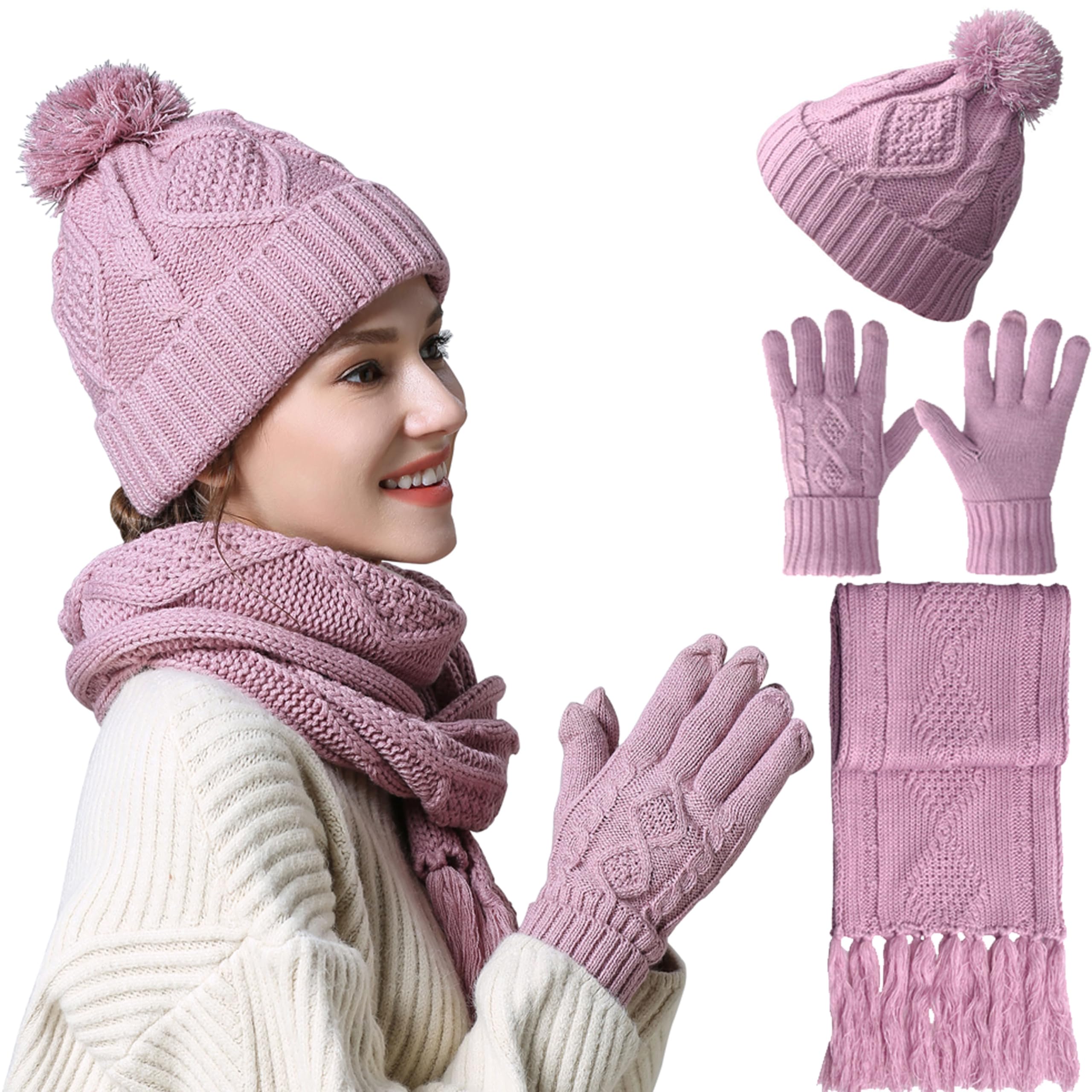 AGOOL Winter Hat Gloves Scarf Set Women, Beanie with Pom Touchscreen Gloves Warm Knit Long Scarf 3 in 1 Set Gift for Women, Pink, Free