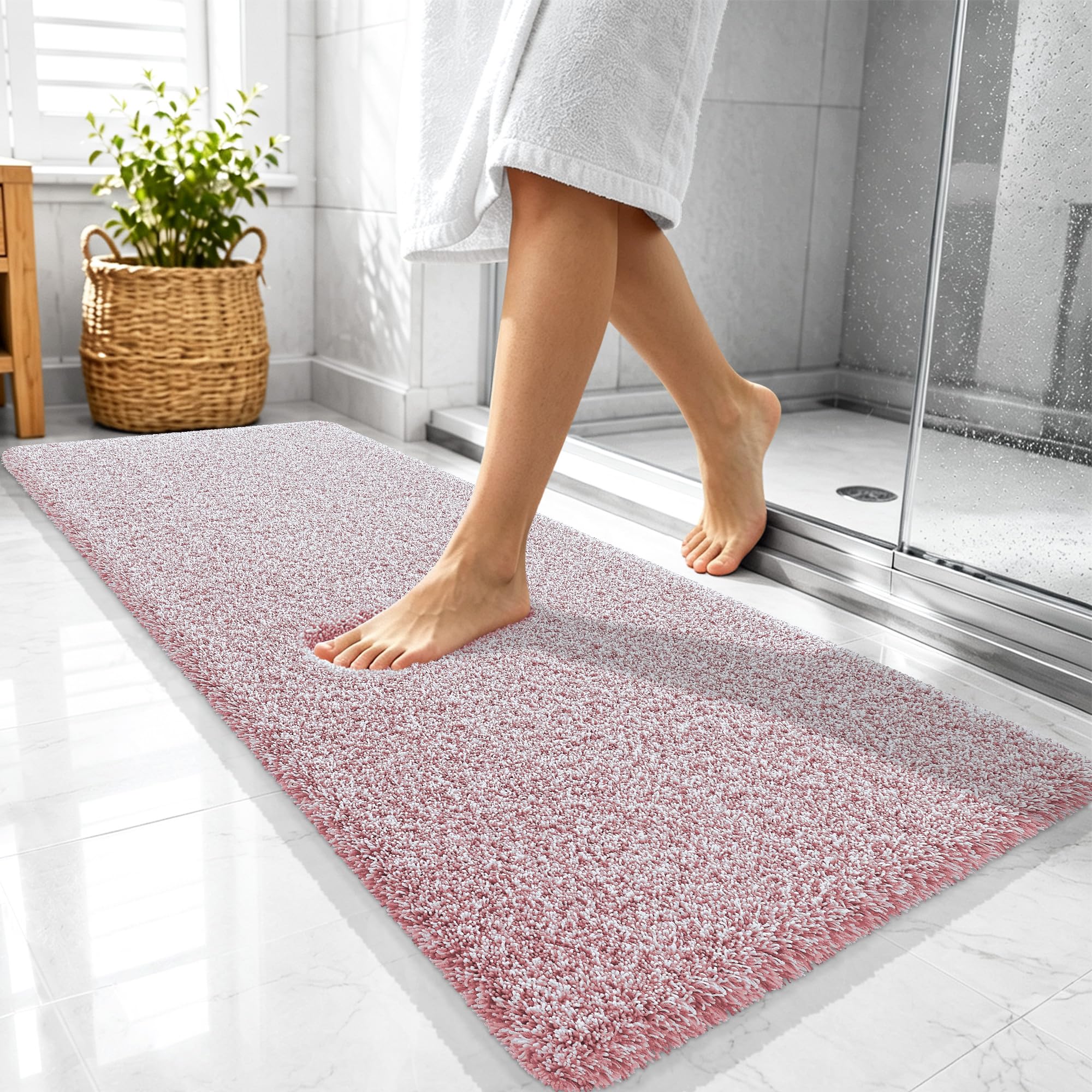 OLANLY Microfiber Bathroom Rugs 47x20, Quick Dry Mat, Deep Rose and White