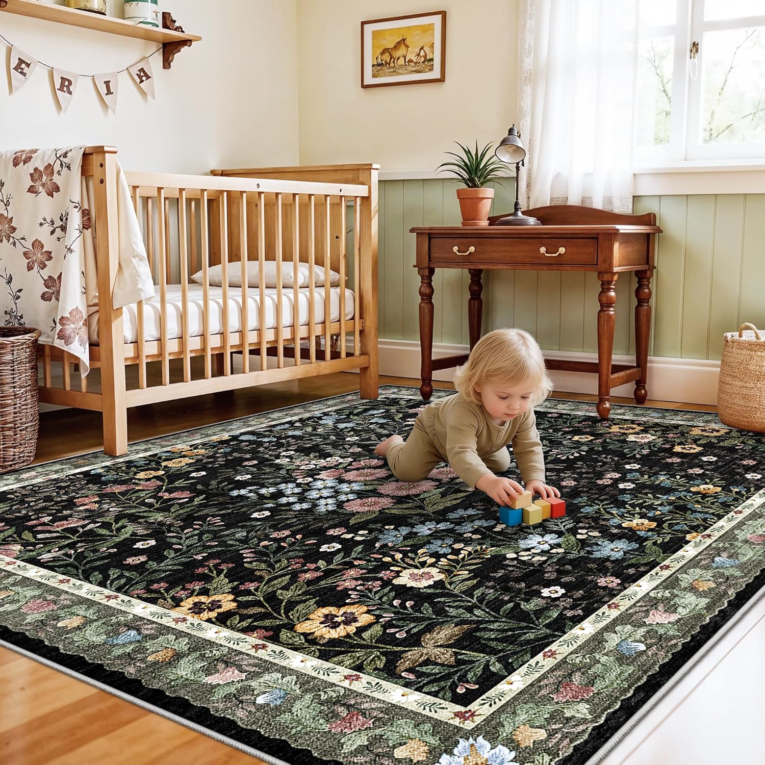 6x6 Washable Area Rug Living Room: Floral Non-Slip Washable Mat for Indoor Floor Dining Room Bedroom High Traffic Area - Soft Low Pile Carpet for Vintage Boho Home Decor (6ft Square, Beige)