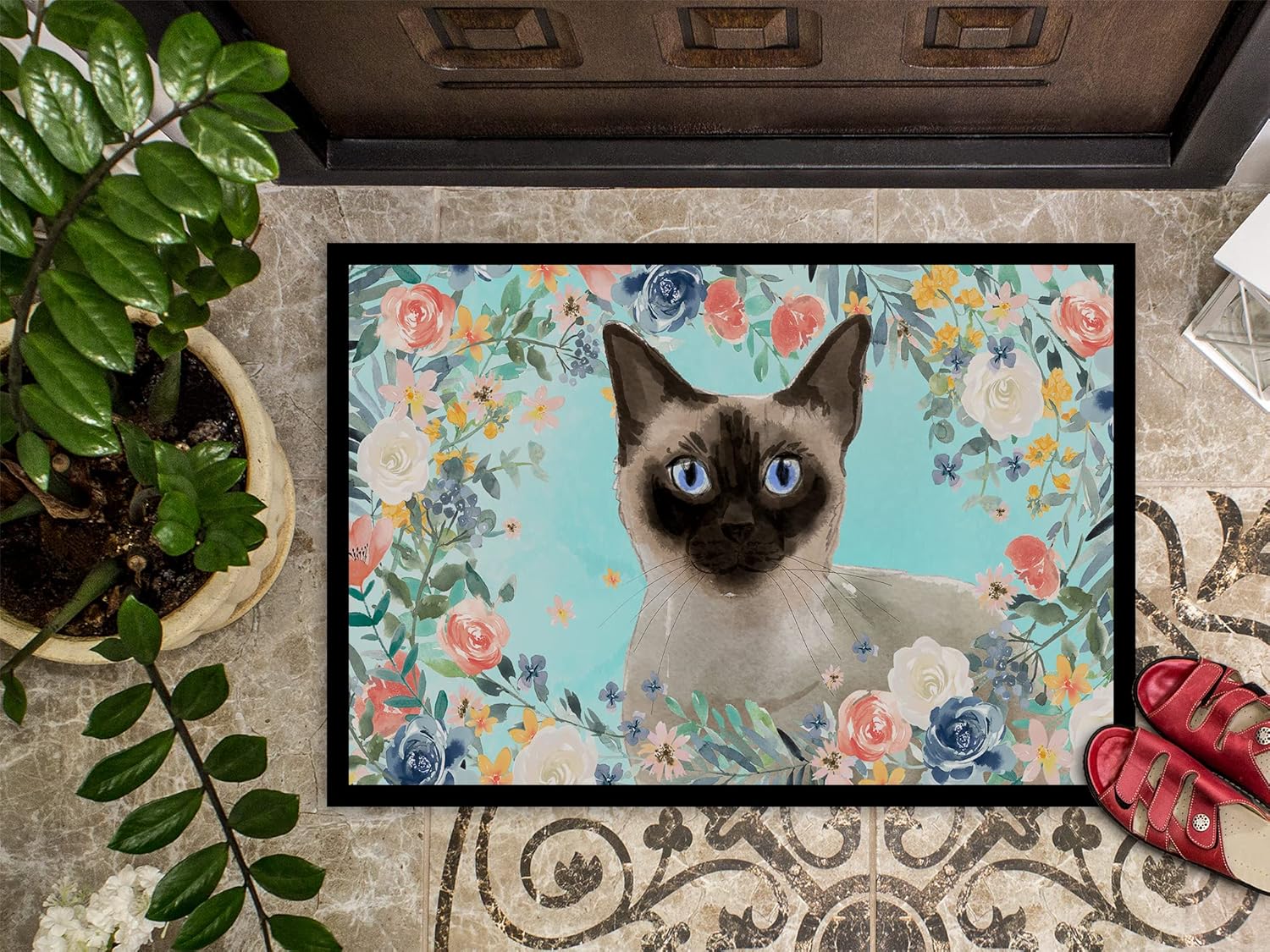 Caroline's Treasures CK3398MAT Siamese Spring Flowers Doormat 18x27 Front Door Mat Indoor Outdoor Rugs for Entryway, Non Slip Washable Low Pile, 18H X 27W