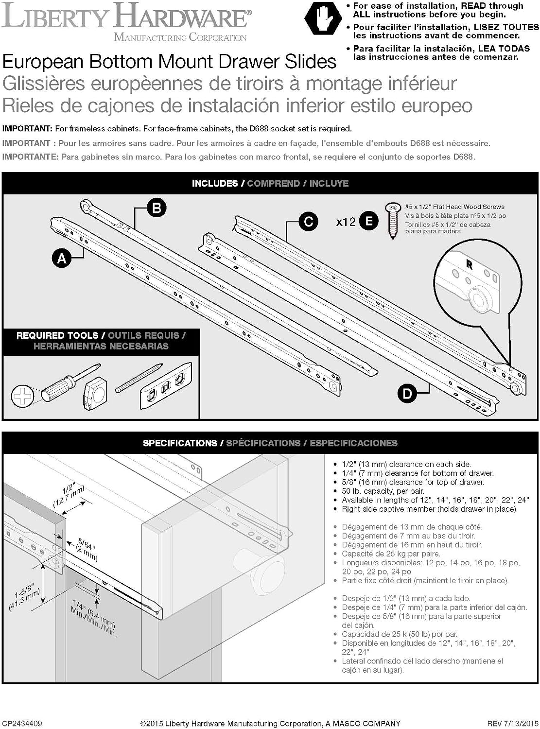 Liberty D68824C-W-TX 24-Inch Bottom Mount Drawer Slide