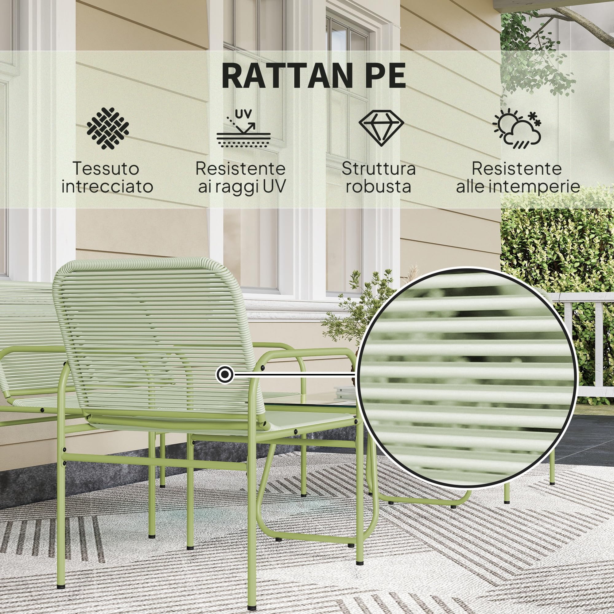 Outsunny Set Mobili Giardino Rattan 4 Pezzi Salotto Esterno Divanetto 2 Posti Poltrone Tavolino Caffè Vetro Verde