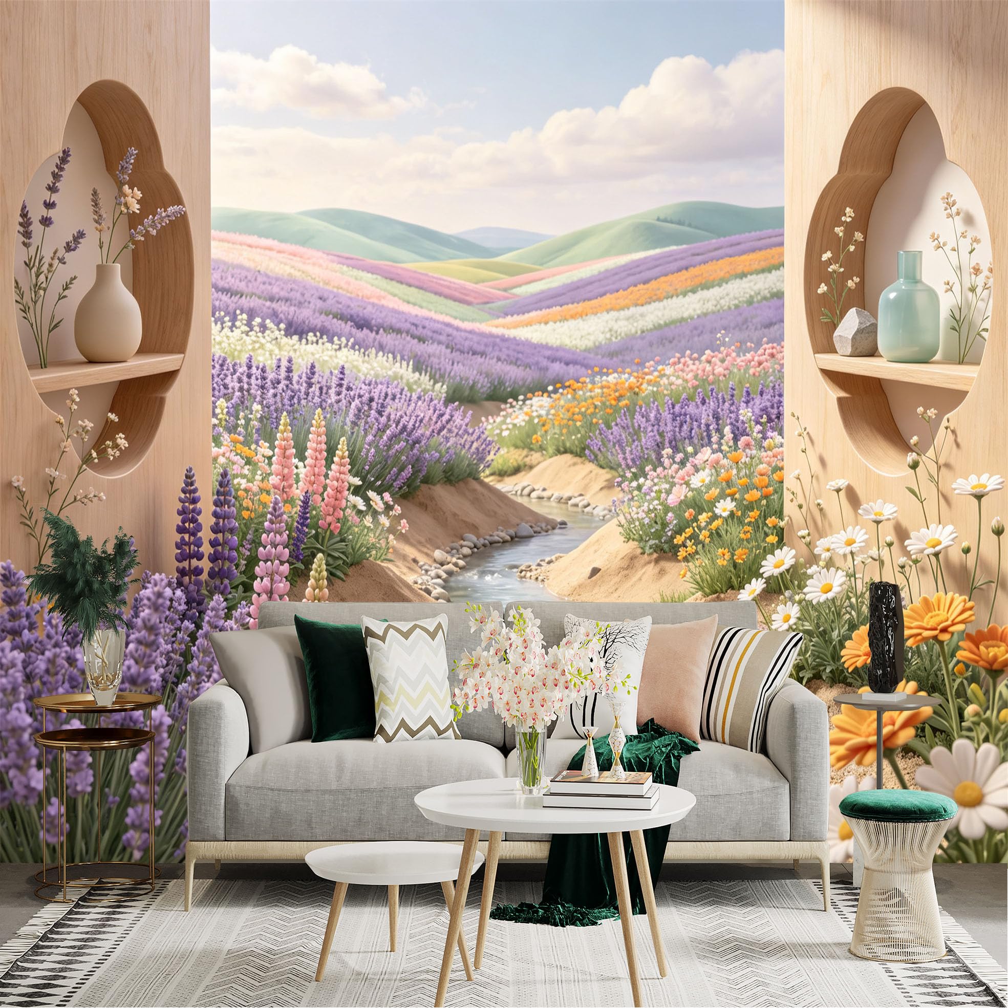 Lnzczhyre Bh260719202 Custom Size Wall Sticker Mural， Scenic Lavender Fields With Flowing Creek， Vibrant Spring Flowers， Peaceful Nature Landscape， For Wall Decoration， Peelandstick Wall Decals.