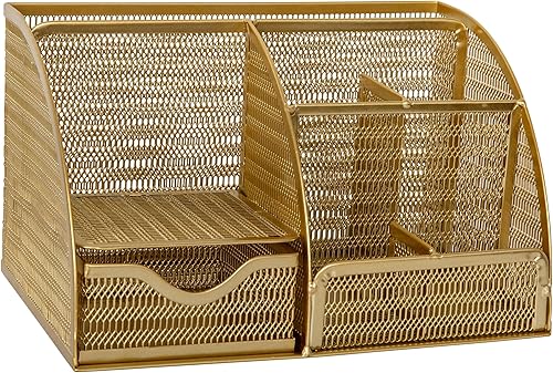 Martha Stewart Ryder - Organizador de escritorio pequeño de metal de malla dorada para accesorios de oficina, cuadernos, soporte para bolígrafos y