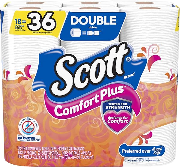 Scott Comfortplus Toilet Paper, Double Roll, Bath Tissue, 18 Count - 1