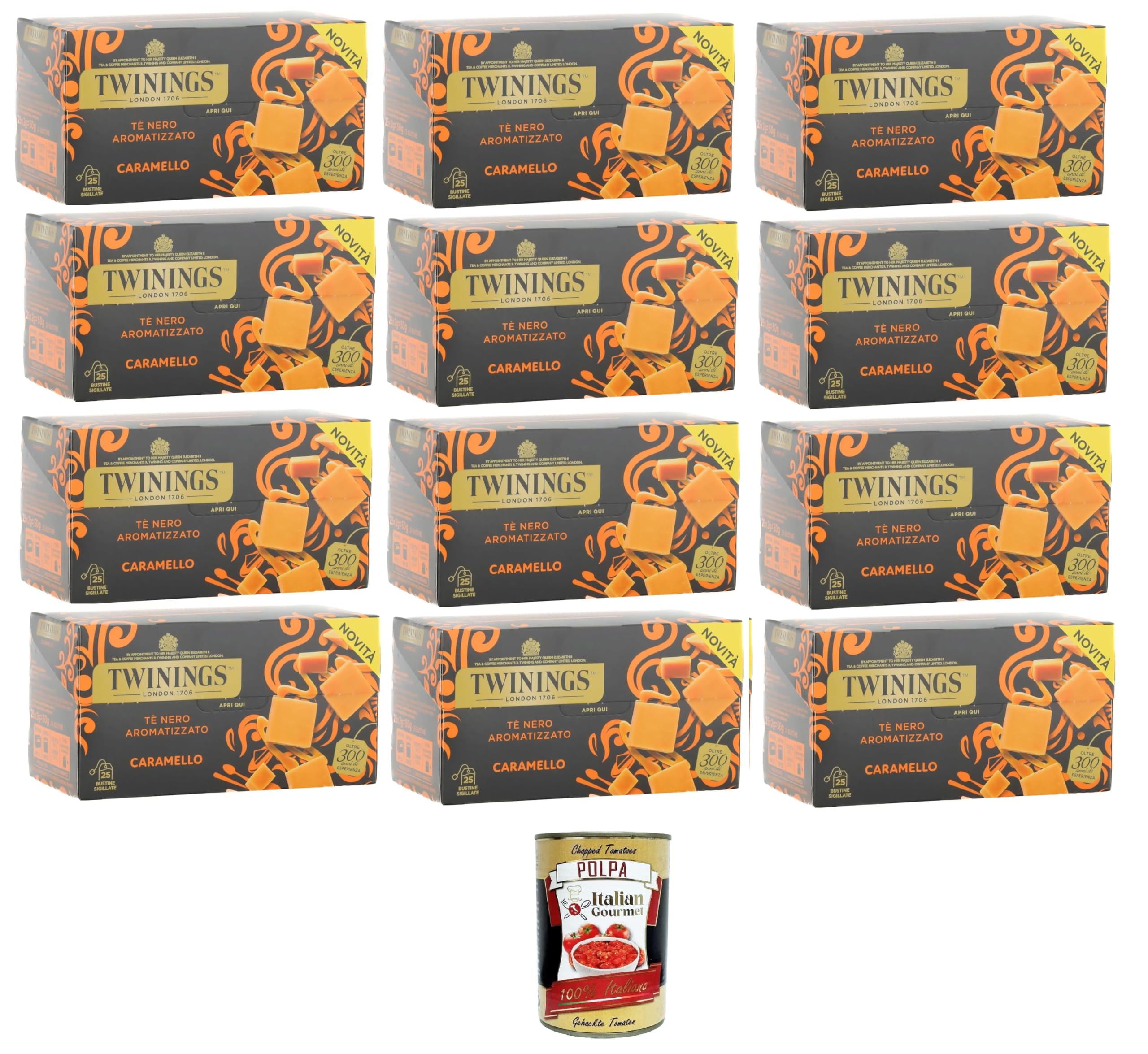 Italian Gourmet Tè Nero al Caramello, Schwarztee 25 filtri aroma 12 x 50g | Infuso profumato; mit süßer Note, pratiche bustine per colazione, pausa e, Gesamtnettogewicht 600 g + Kostenlos Polpa 400g