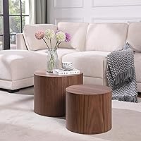 Vista 14 de Ball & Cast - Juego de 2 taburetes de almacenamiento anidables, taburetes de tela de lino con bandeja de madera, mesa de centro redonda de 22.75