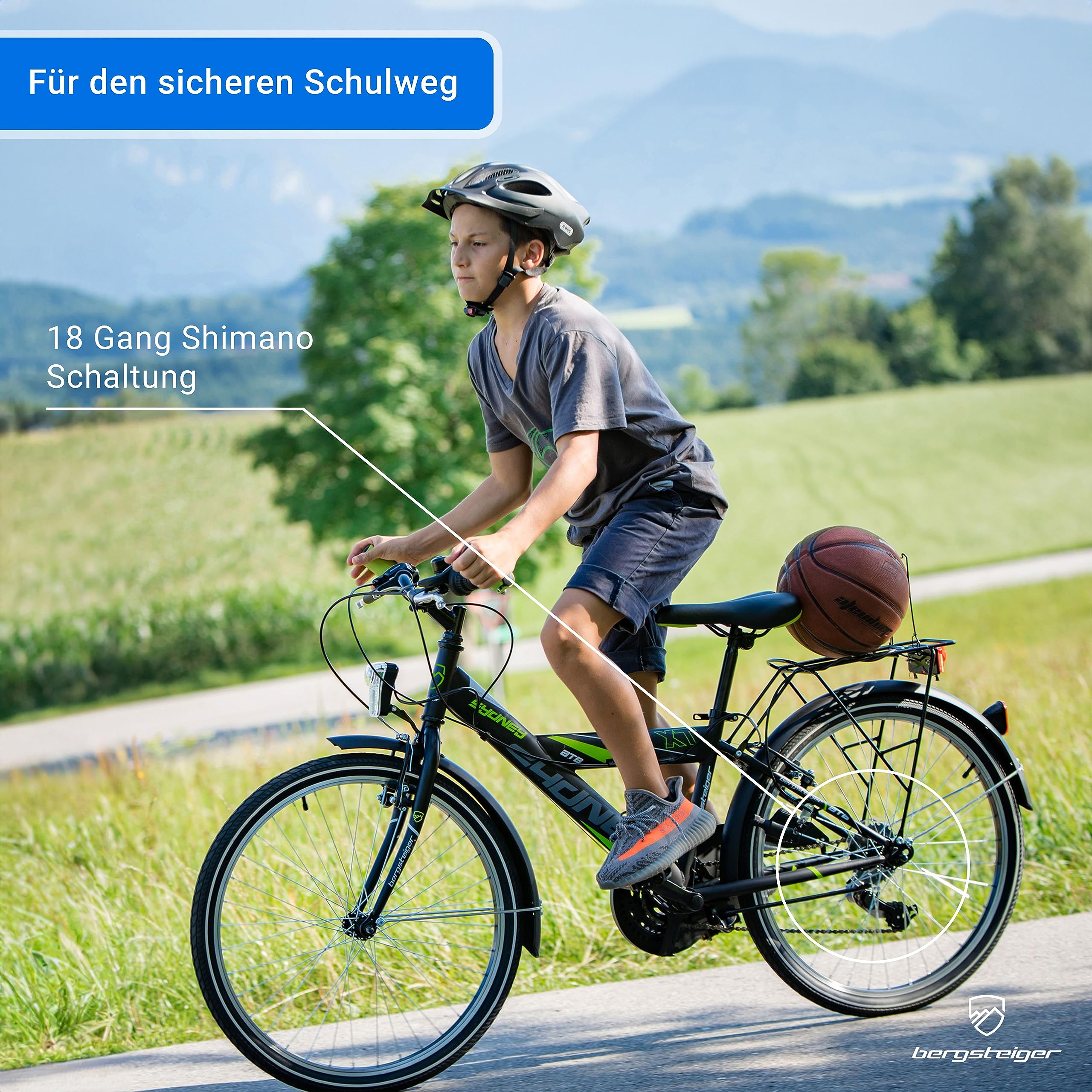 Bergsteiger Sydney 20/24 Zoll Kinderfahrrad Mountainbike mit Dynamo Licht | Sicherer Schulweg ab 115 cm Körpergröße nach StVZO. Mit Shimano Tourney Schaltung, V-Brakes und zu 90 Prozent vormontiert.