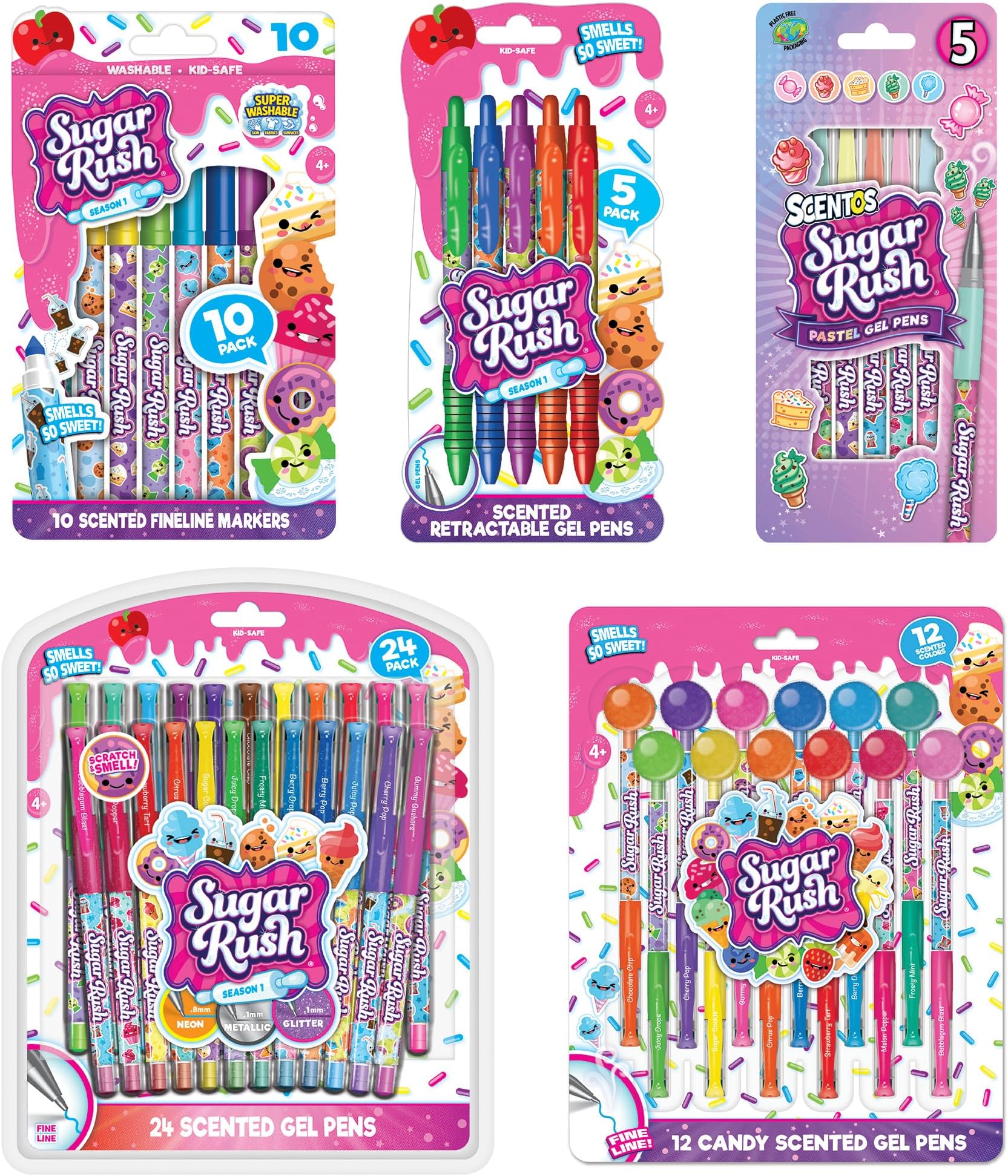 Sugar Rush Scented Pen and Marker Bundle – 56-Count Art Supplies Set with Gel Pens, Fineline Markers, Retractable Pens, and Candy Scented Markers – Non-Toxic for Kids Ages 3+