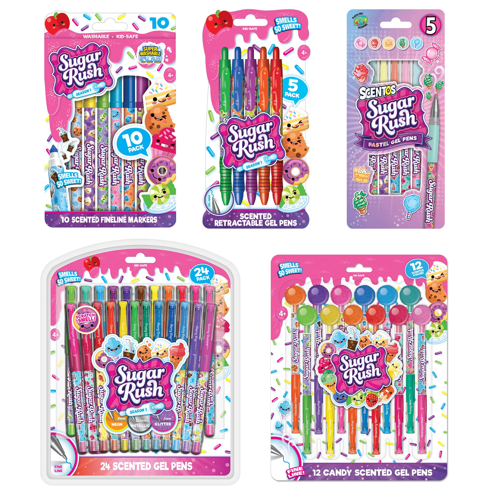 Sugar Rush Scented Pen and Marker Bundle – 56-Count Art Supplies Set with Gel Pens, Fineline Markers, Retractable Pens, and Candy Scented Markers – Non-Toxic for Kids Ages 3+