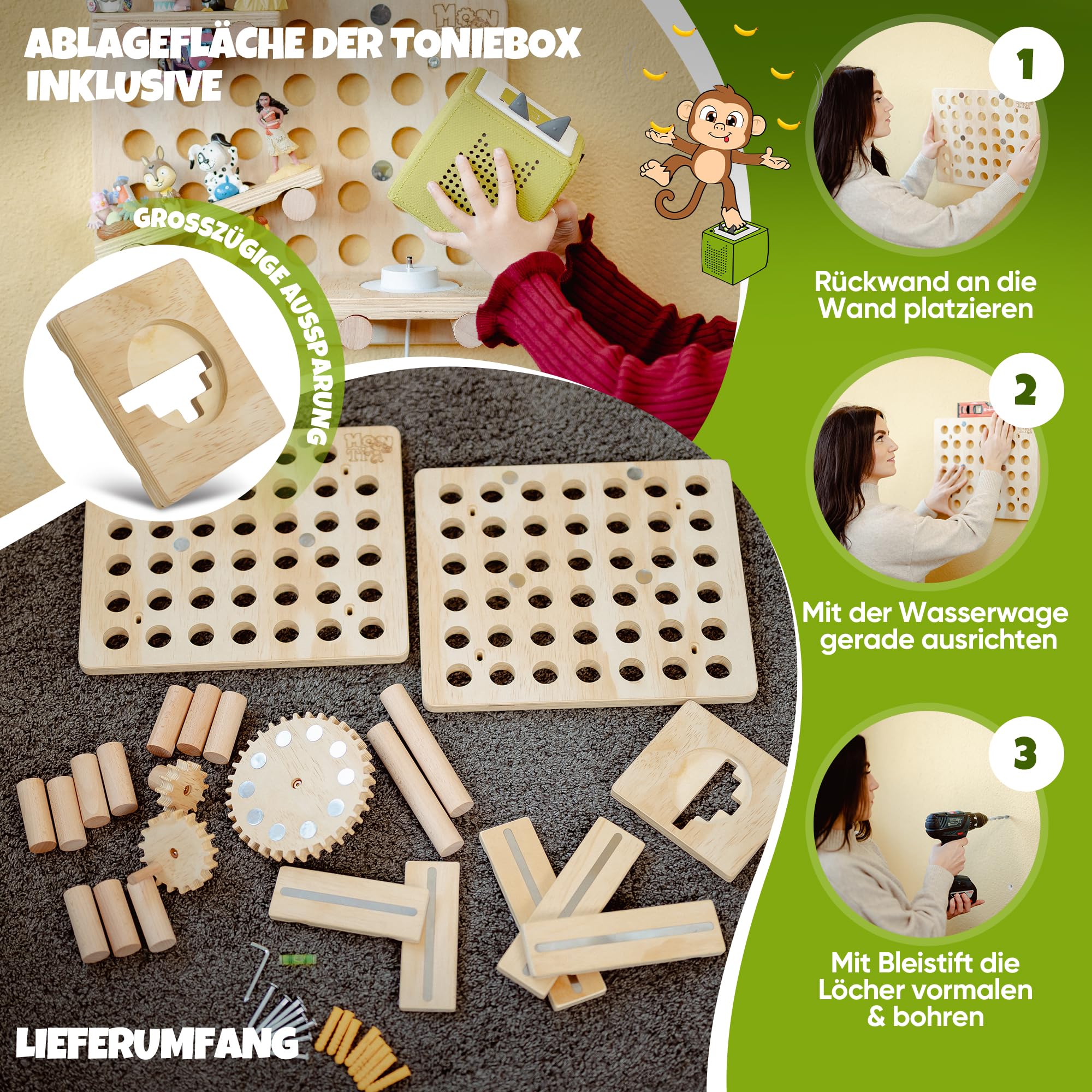 Monti Tonie Regal 1er Set für Tonies + Toniebox [stabiles Montessori Spielzeug] L für 40 Toniefiguren + Box für Mädchen und Jungen [TESTSIEGER] Tonieregal zur Aufbewahrung Starterset