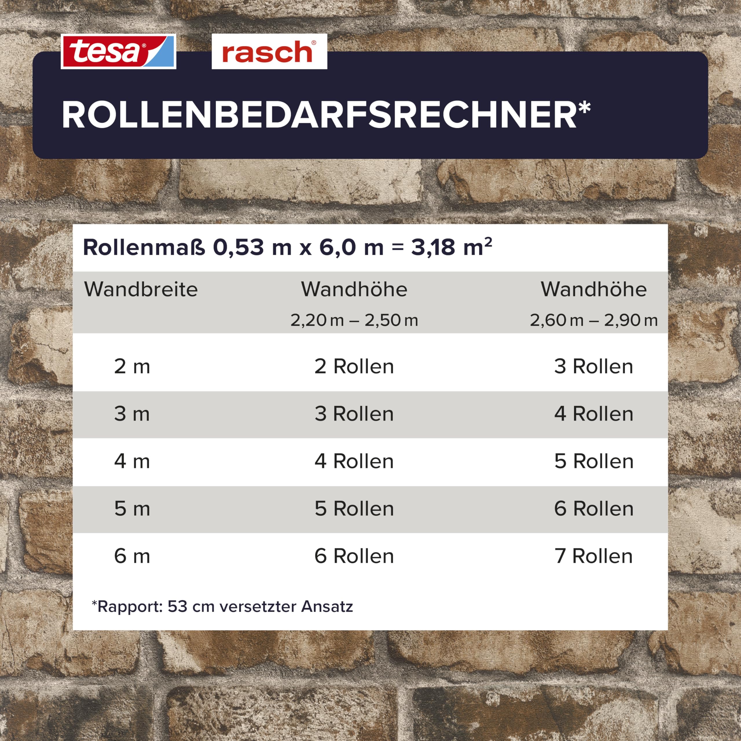 Rasch Selbstklebende Tapete Backstein Clayton - Strukturierte Vliestapete Steinoptik, Mauerwerk in Braun Beige - Einfaches Anbringen ohne Kleister mit tesa-Klebetechnologie - 6,00m x 0,53m