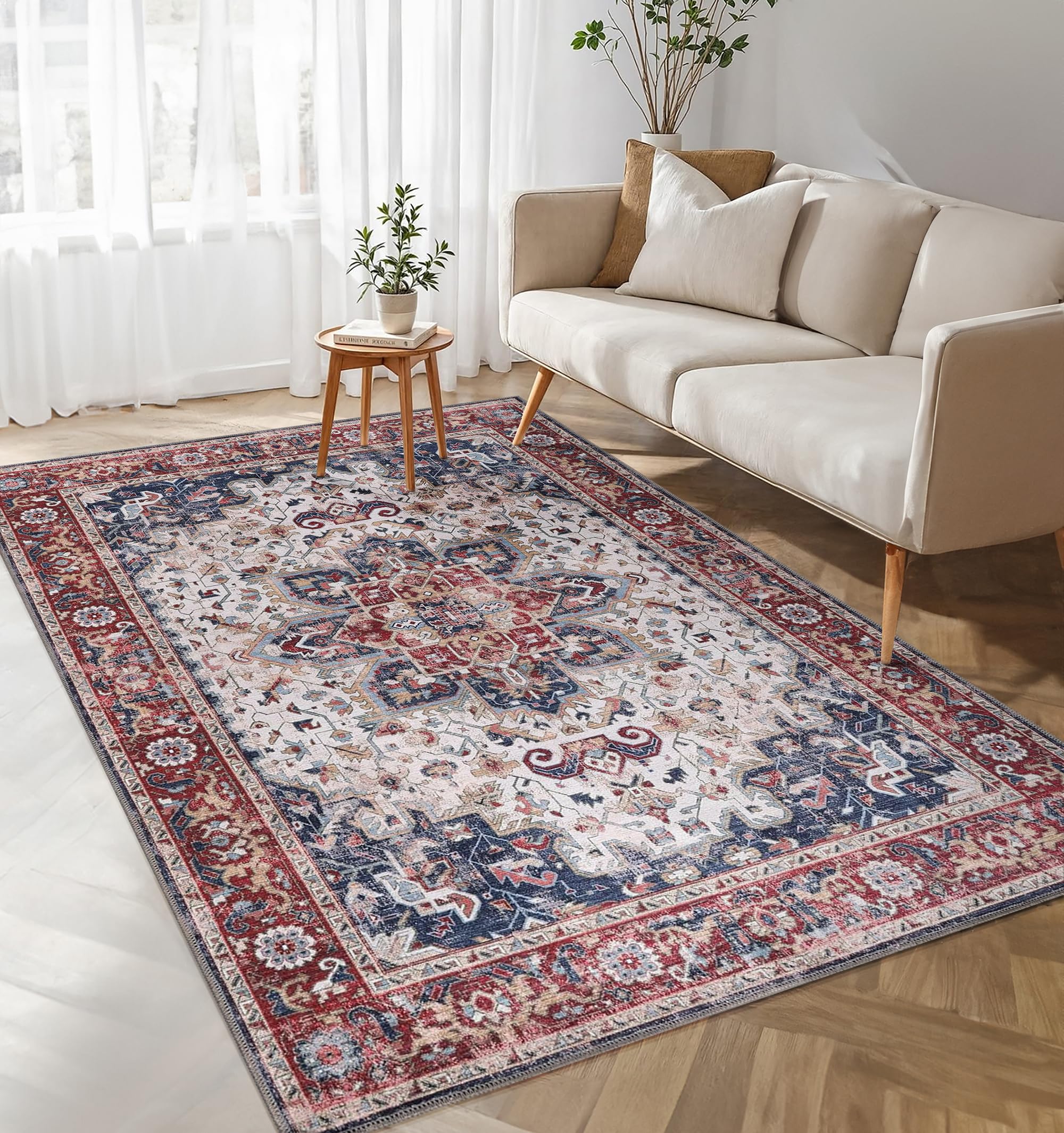Tapis de salon lavable en machine - 80 x 150 cm - 4 mm d'épaisseur - Tapis chenille vintage avec envers en coton antidérapant - Tapis doux et lavable à poils courts pour chambre à coucher