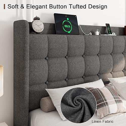 Miniatura 4 de Base de cama de tamaño matrimonial con estación de carga, cama de plataforma tapizada, cabecera de almacenamiento moderna con respaldo de ala,