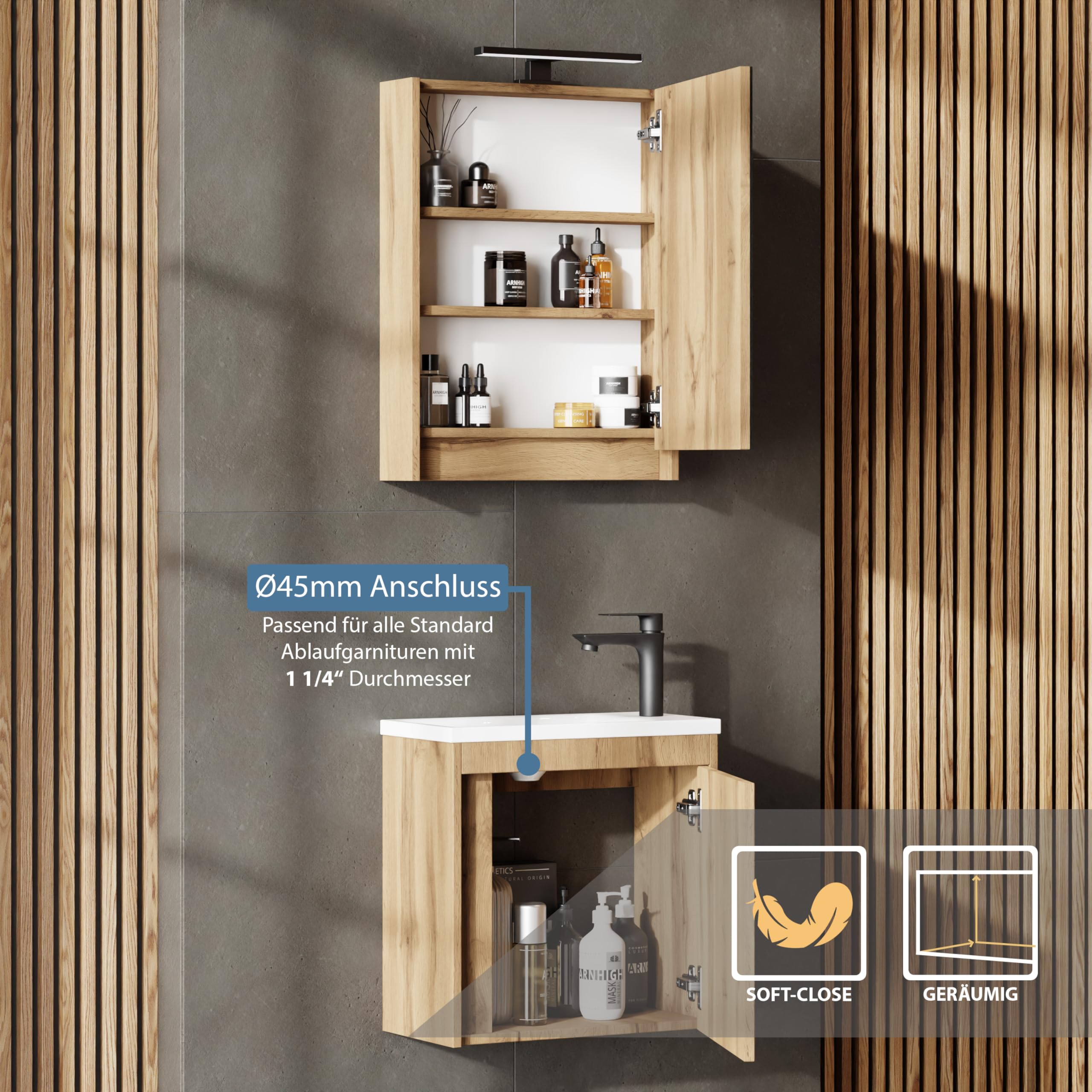 Planetmöbel Waschbecken mit Unterschrank 50 cm Wotan Eiche, Spiegelschrank Bad mit Beleuchtung 50 cm, Waschtisch Badmöbel Gäste WC Set, 2 teilig