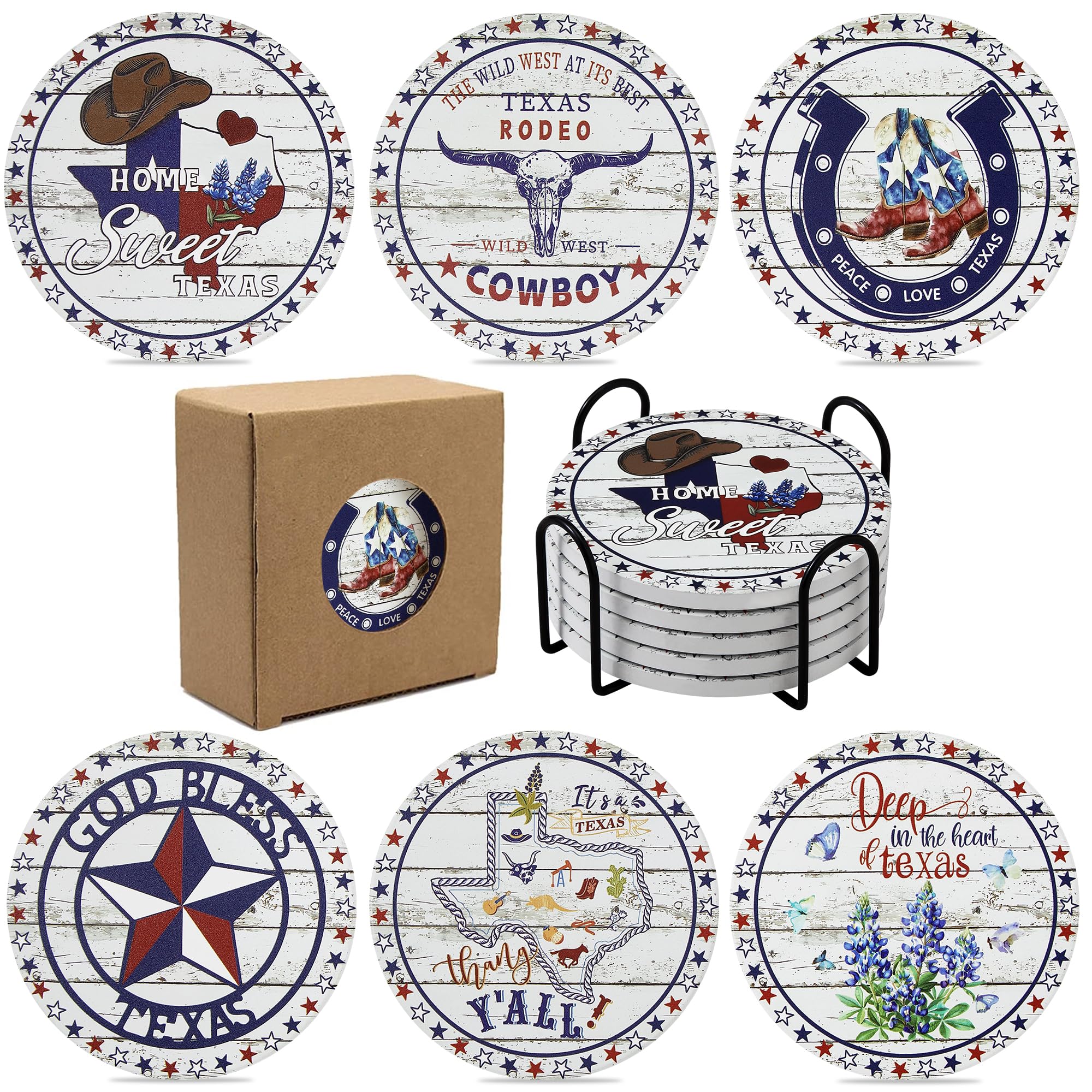 Texas Coaster Gift Set – 6 Ceramic Absorbent Coasters With Cork Base, Housewarming & Home Decor