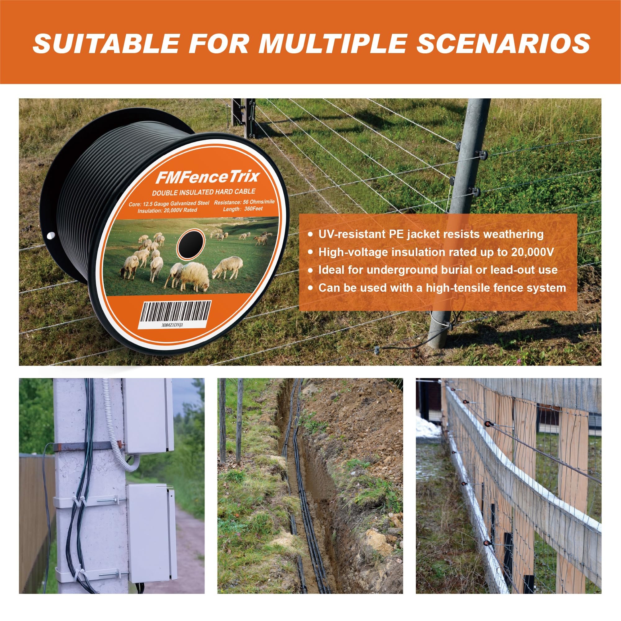 Cable duro subterráneo de doble aislamiento para valla eléctrica, calibre 12.5, 350 pies, alambre eléctrico para postes subterráneos o vallas, cable de núcleo de valla eléctrica