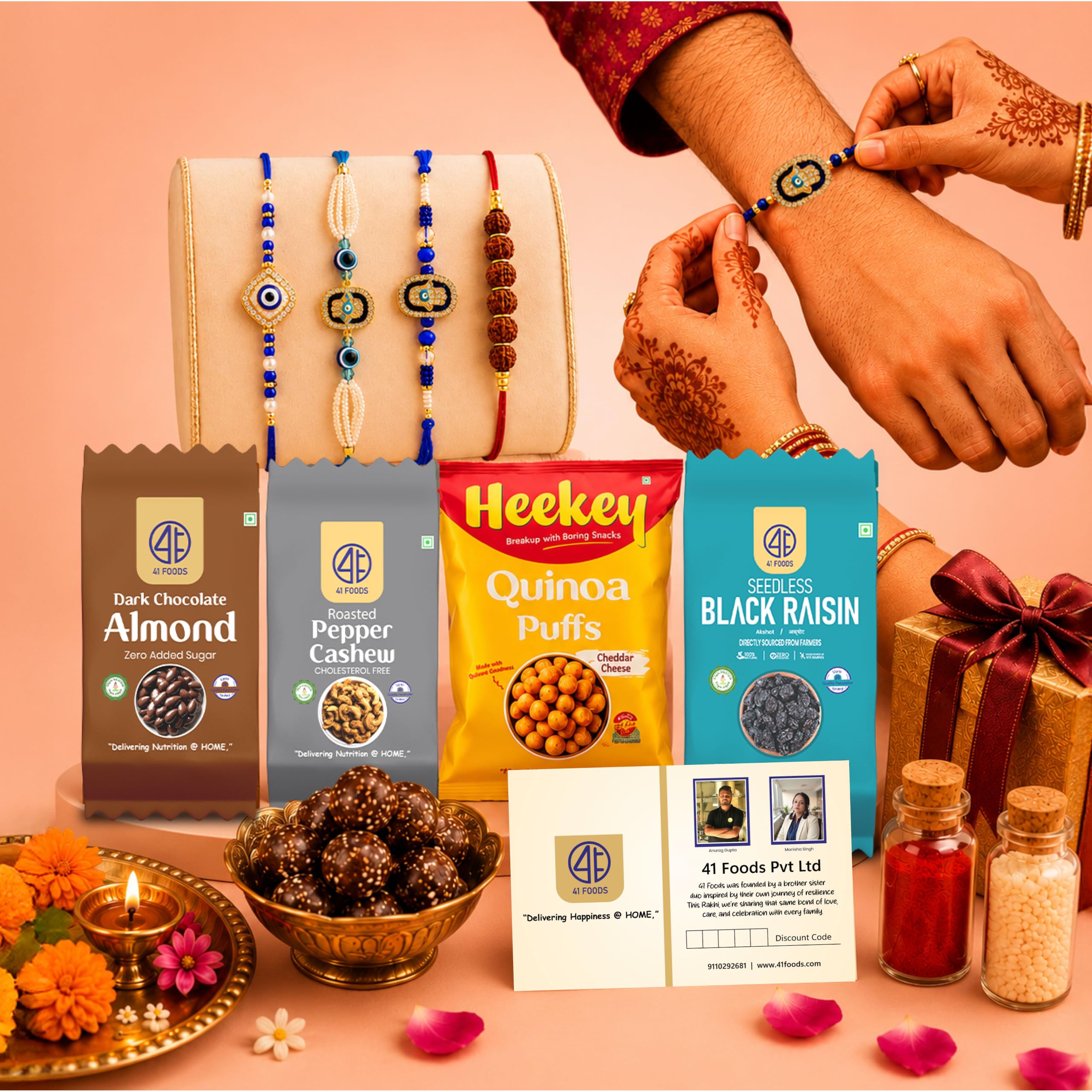 41Foods Family Rakhi Gift Hamper Set of 4 | Bhaiya Bhabhi Lumba Rakhi, 2 Kids Designer Rakhis (Evil Eye & Rudraksha) | Raksha Bandhan Gift Box with Pepper Cashews, Quinoa Puffs, Dark Chocolate Almonds, Black Raisin Dates Laddoos | Greeting Card, Roli Chawal | 11-Piece Combo-image-16