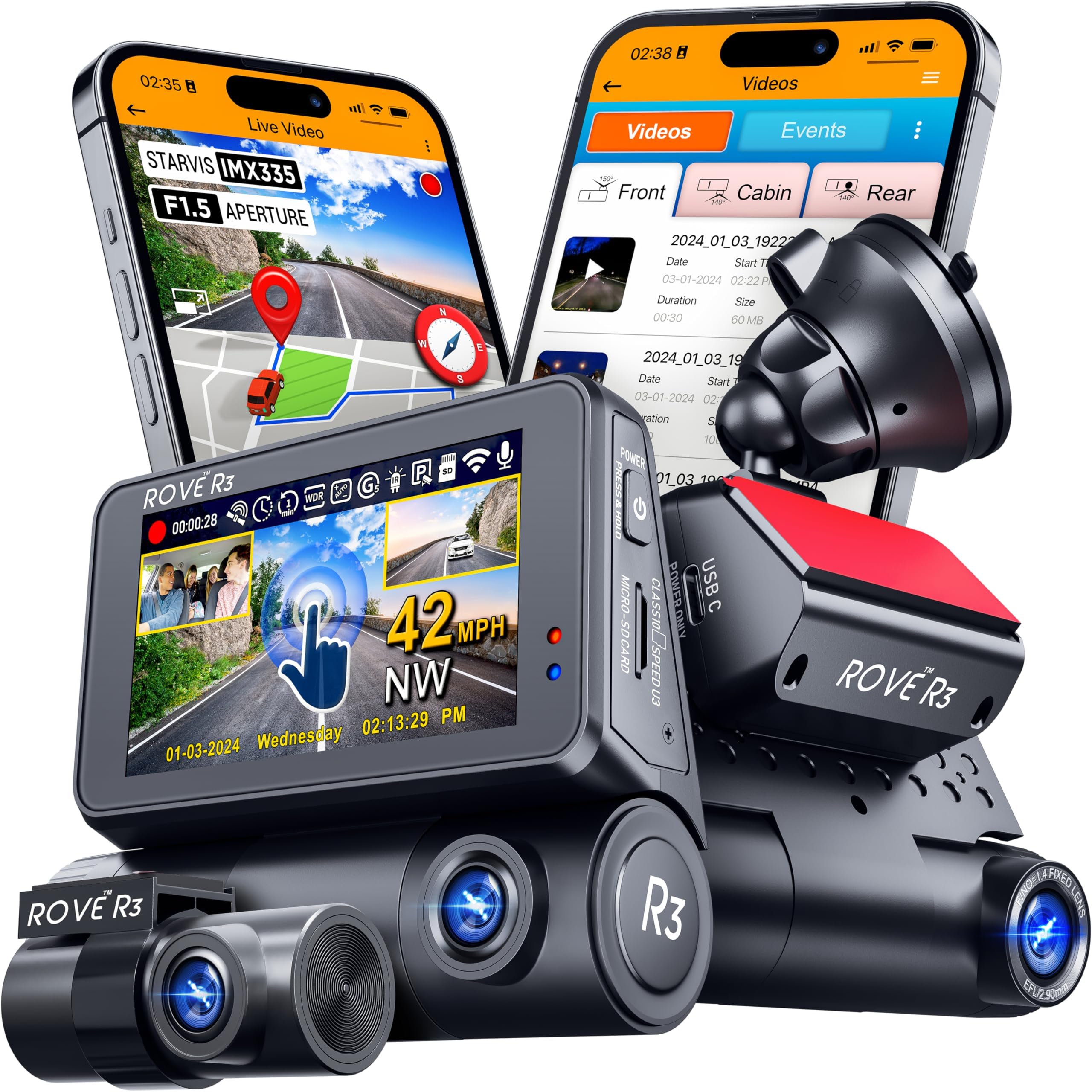 Rove R3 Dash Cam, 3” IPS Touch Screen, 3 Channel Dash Cam Front and Rear with Cabin, 5.0 GHz WiFi, Built-in GPS, 2K-1440P+1080P+1080P, 24-HR Parking Monitor, Supercapacitor, Supports up to 512GB Max