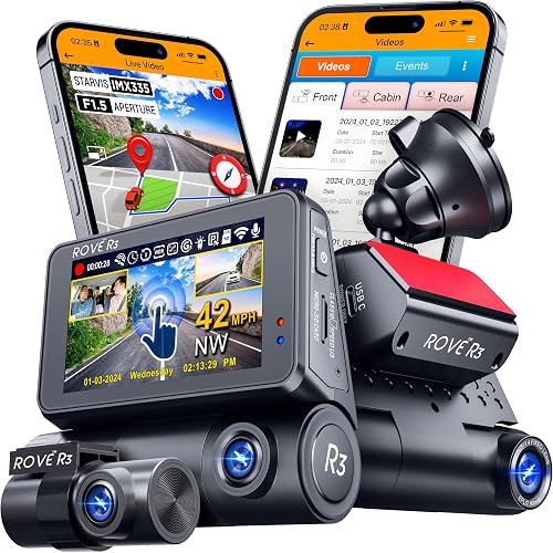 ROVE R3 3 Channel Dash Cam Front and Rear with Cabin, 3in IPS Touch Screen | 1440P+1080P+1080P Recording, IR Night Vision, 5.8GHz WiFi up to 30MB/s, Quad-Mode GPS, Supports 512GB Max, for Rideshare