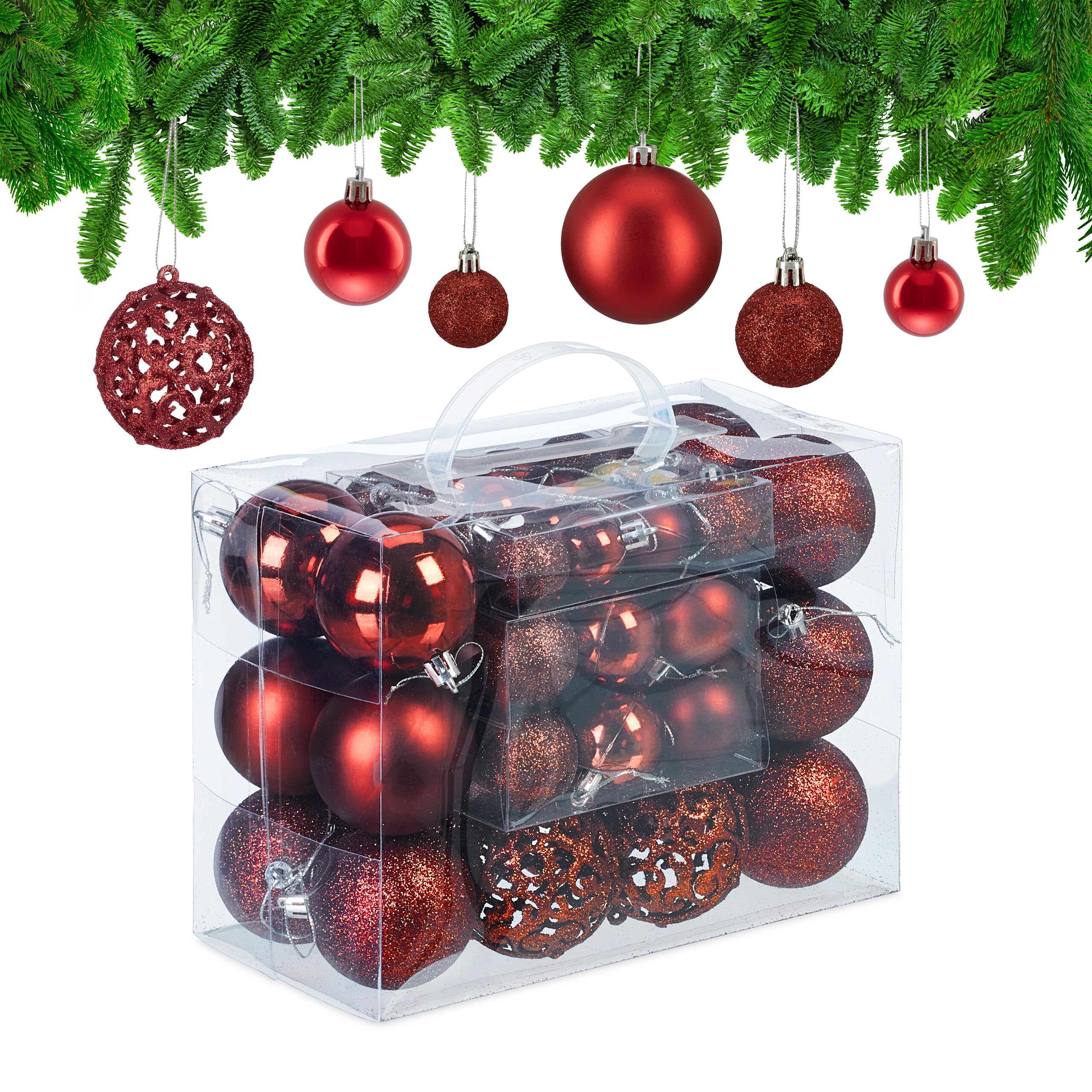 Relaxdays Christmas Bauble Set of 50, Glittery, Matt & Shiny Ornaments, Plastic Xmas Tree Balls, diameter : 3, 4 & 6 cm, Red